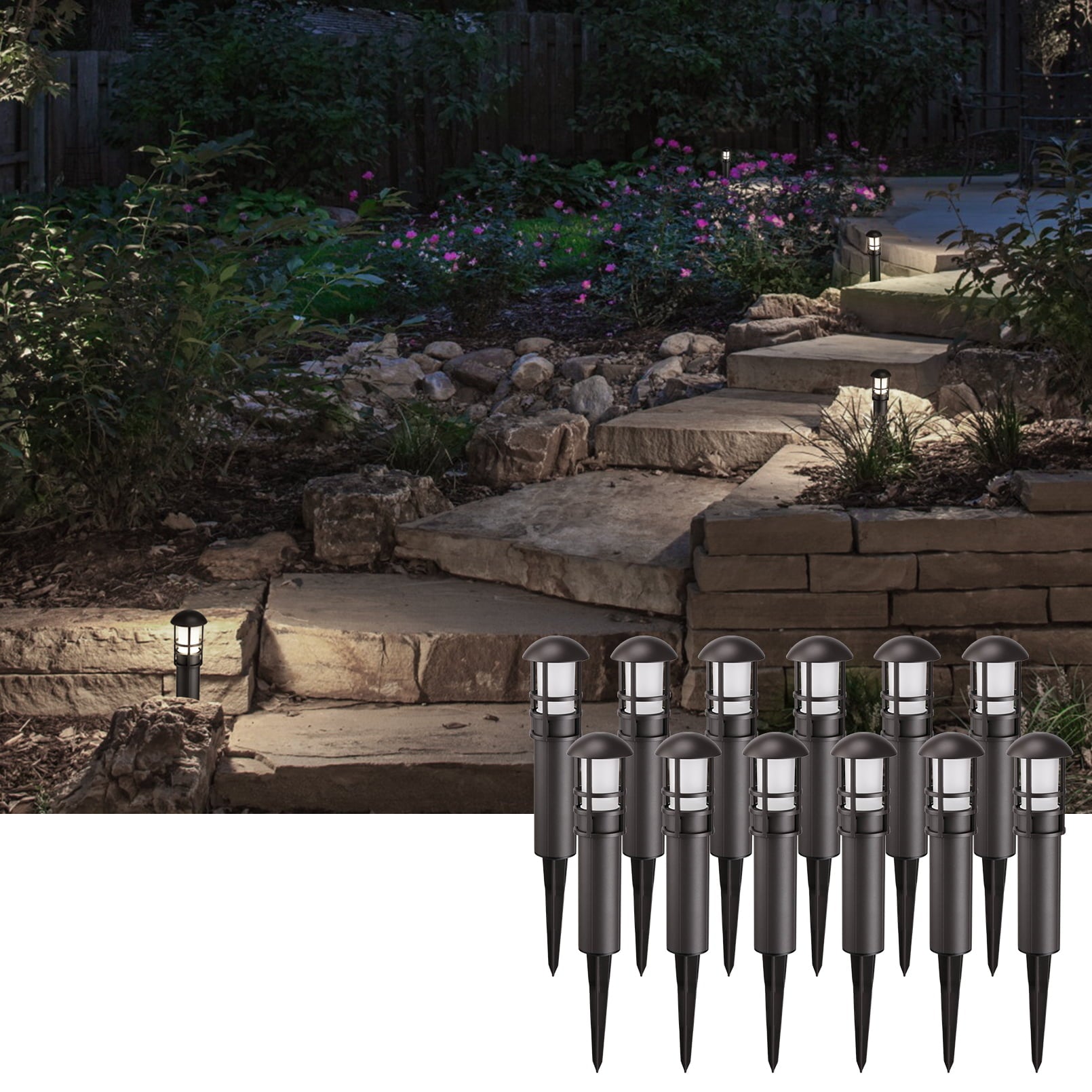 LEONLITE 12er-Pack LED-Gartenleuchten, 3 W, 12 V Niederspannung, wasserdichte Gartenleuchten, ETL-zertifiziert, 4000 K kaltweißes Licht, für Einfahrt und Gehweg, 5 Jahre Garantie