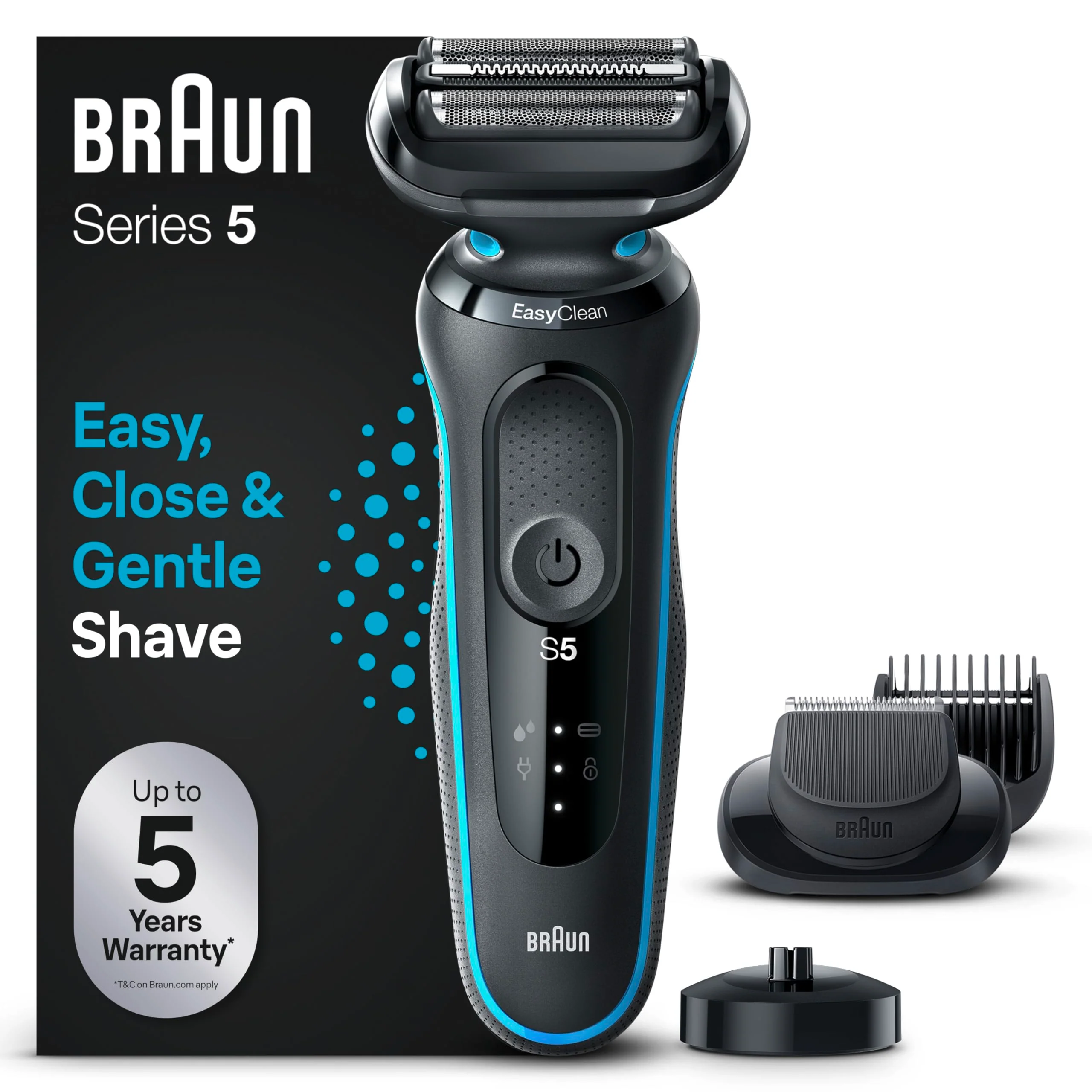Braun Series 5 Elektrorasierer für Herren. Barttrimmer mit flexiblem Scherkopf und Klingen. Inklusive Barttrimmer-Aufsatz und Ladestation. Wasserdicht und wiederaufladbar. 51-M4500cs. Grau/Blau