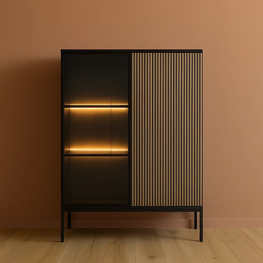 Vitrine avec éclairage LED, lumière naturelle et coloris noir, en MDF, mélaminé et verre trempé, pour salon, 103,5 × 39 × 125,5 cm - FiXcTgCRm3R7