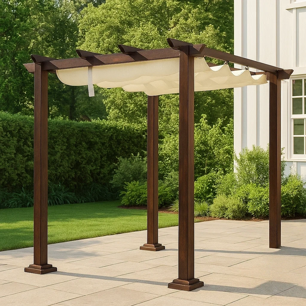 Pergola rectangulaire en bois massif brun, avec toit rétractable en toile beige, structure fixe avec poteaux ancrés, 300 x 300 x 240 cm, pour terrasse ou jardin - aS1YMEYmEhY7