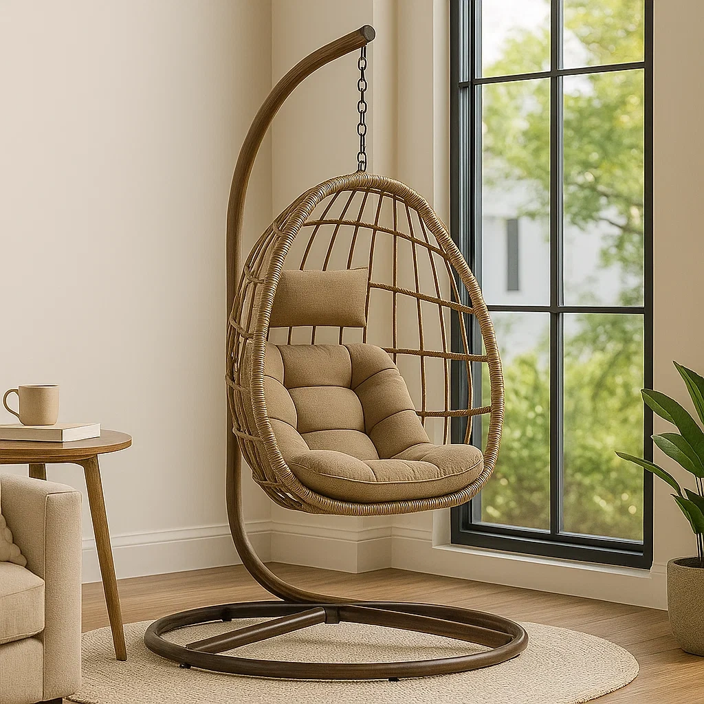 Fauteuil suspendu en rotin, structure en métal, marron, coussins beiges, support inclus, 90 x 90 x 195 cm - GlxsKFz3gEts