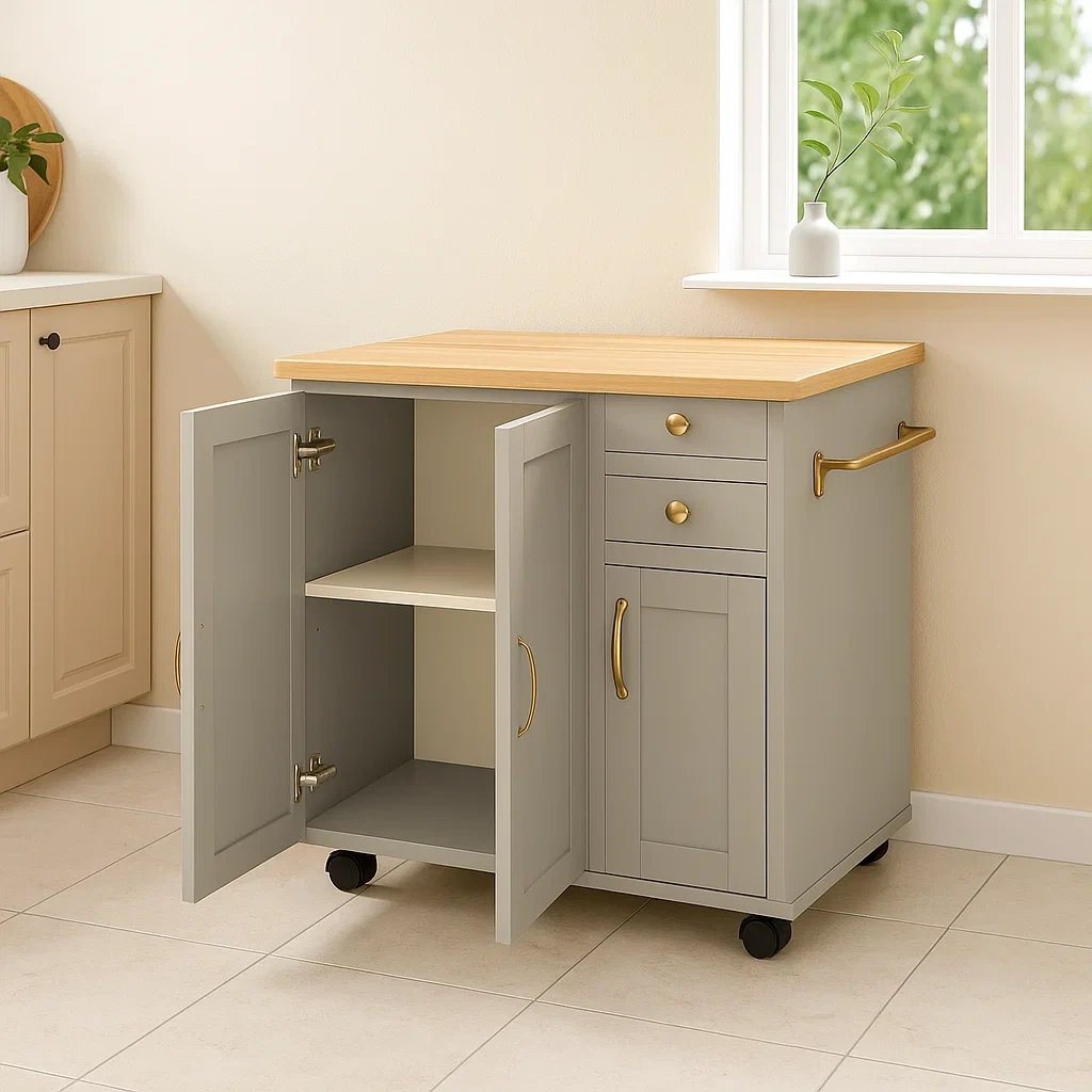 Chariot de cuisine à 3 portes, 2 tiroirs et une étagère, en bois naturel et gris, sur roulettes, 80 x 45 x 85 cm - 02fBVYY8fY5T