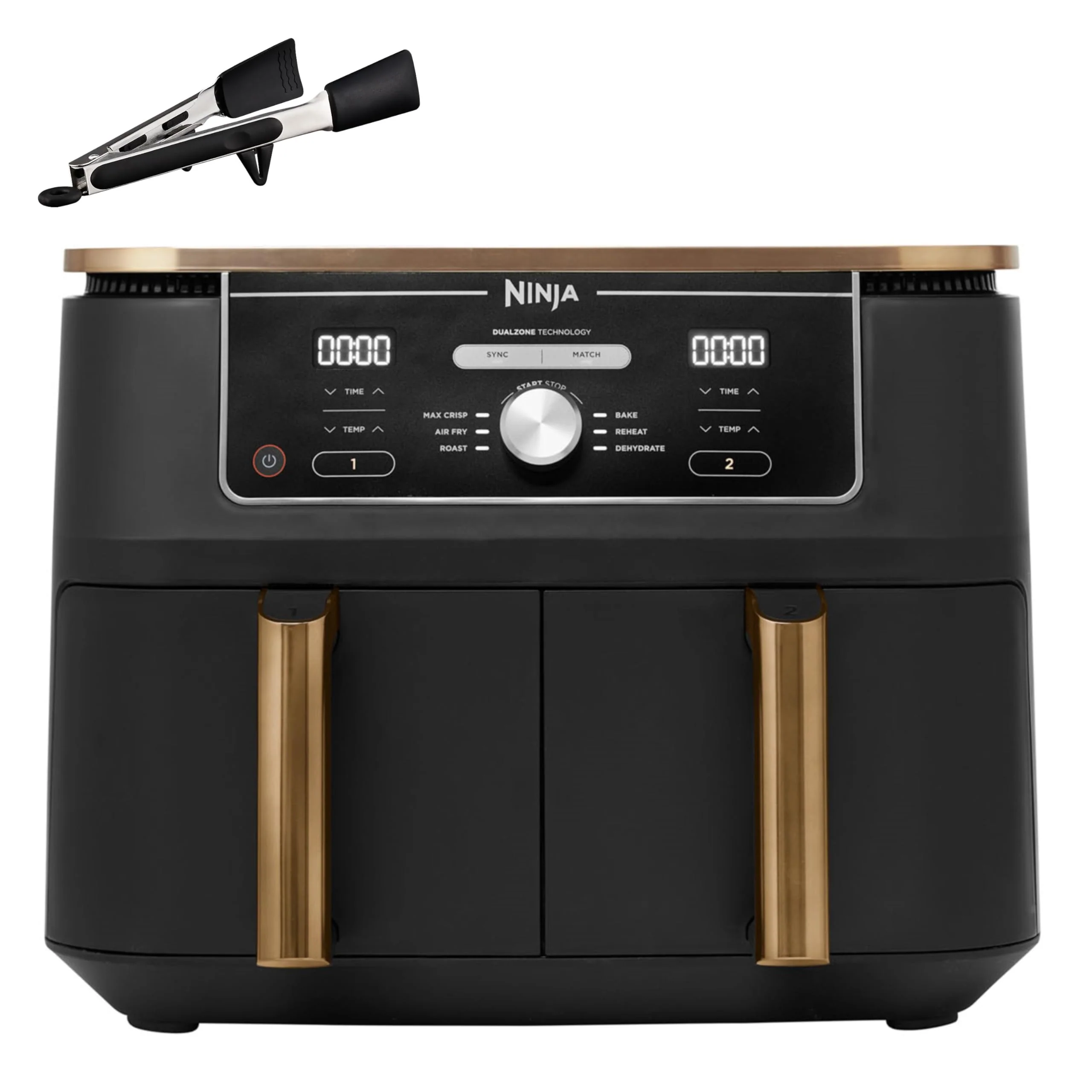 Ninja Foodi MAX Dual-Zone-Heißluftfritteuse (Modelljahr 2025). 9,5 l. 2 Fächer. Inkl. Zange. Antihaftbeschichtung. Spülmaschinenfeste Körbe. 6-in-1-Funktion. Exklusiv bei Amazon erhältlich. Kupfer/Schwarz AF400EUCP