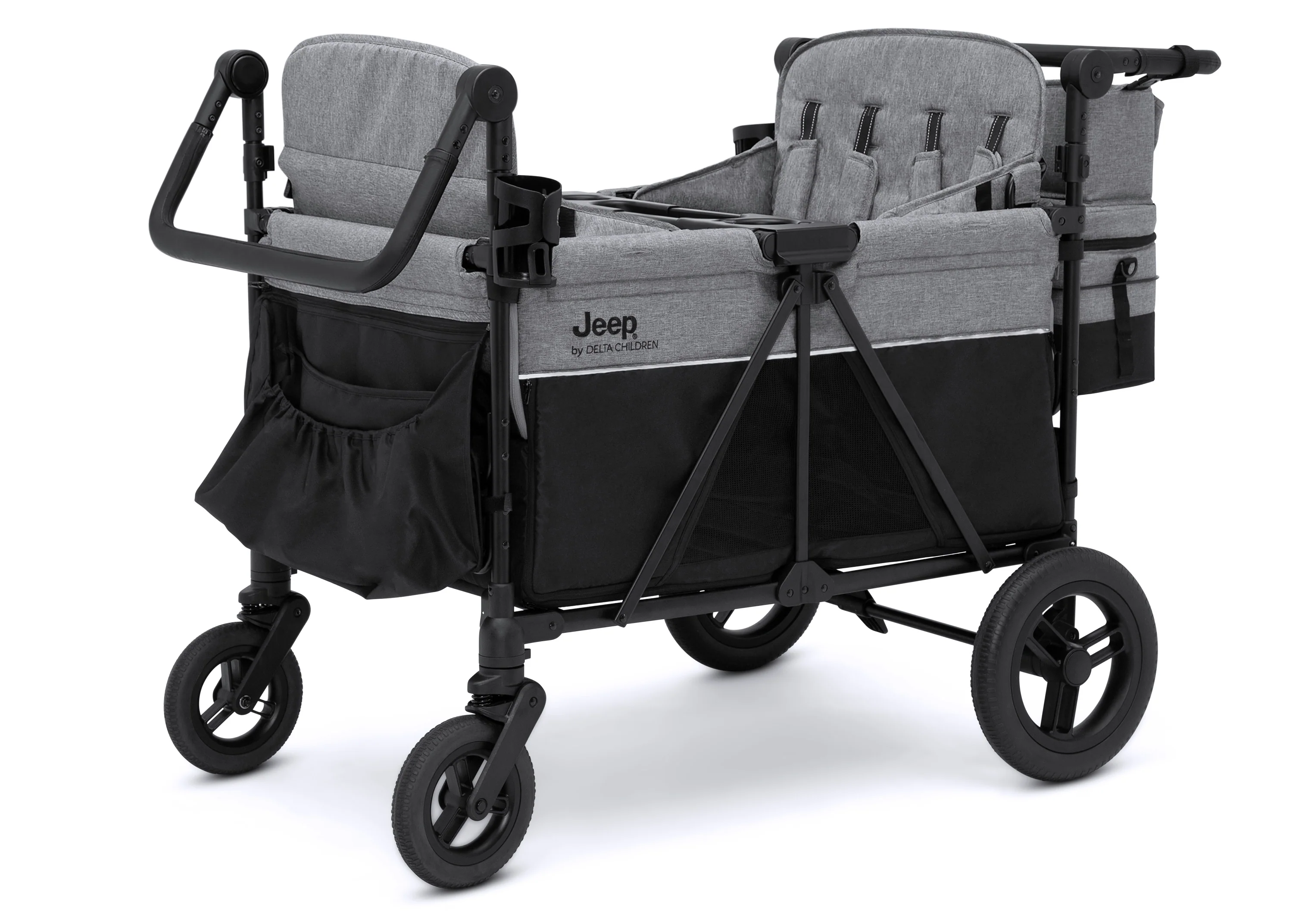 Jeep Wrangler Deluxe Kinderwagen für 4 Kinder – Abnehmbares Verdeck. Isolierte Tasche. Modulare Sitze. XXL-Stauraum. Pannensichere Räder. Verstellbarer Schiebegriff.