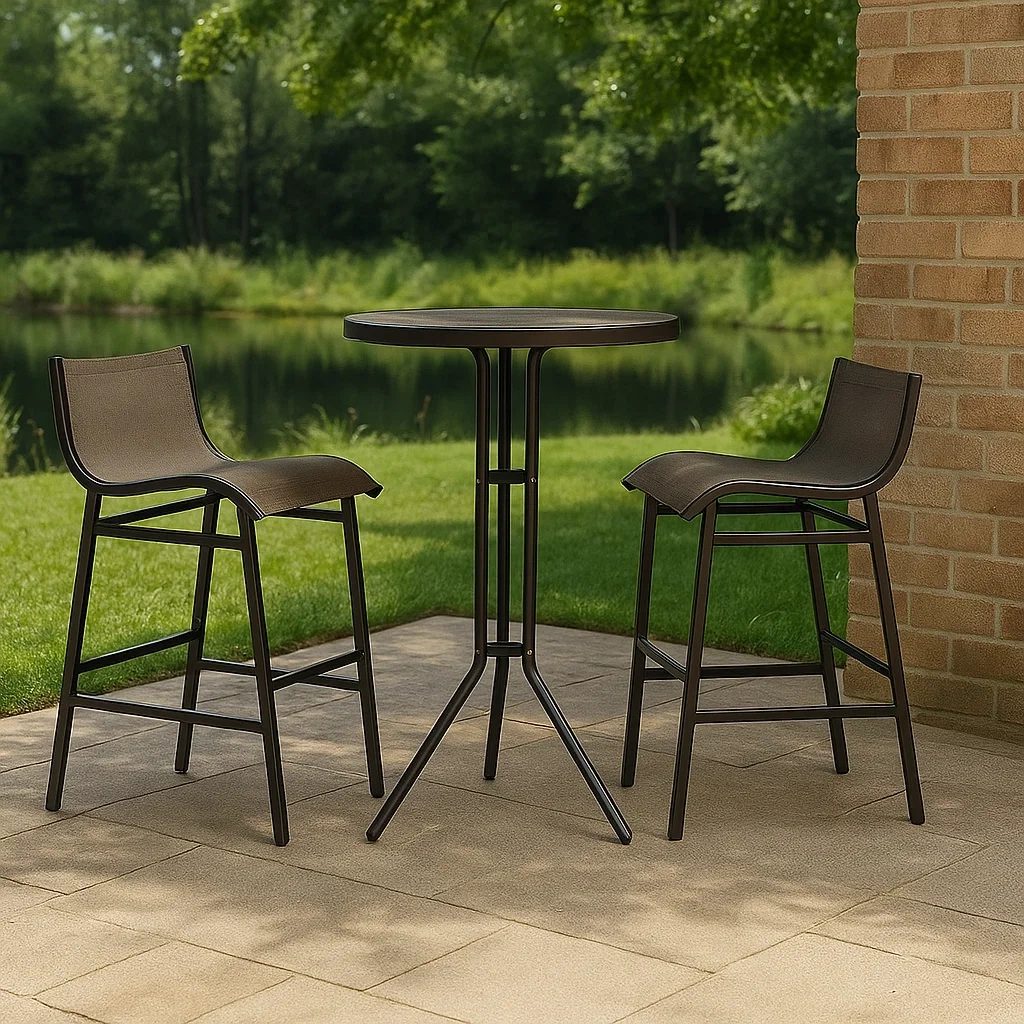 Ensemble bistro d'extérieur, 3 pièces avec table et tabourets hauts, noir, acier, terrasse