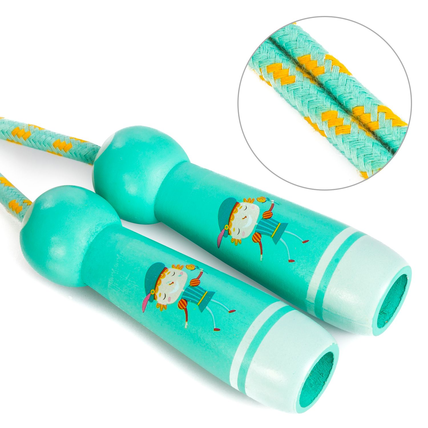 Holzspringseil für Kinder mit niedlichem Springprinzen-Motiv. 300 cm Seillänge. Maße: 300 x 3 x 10,6 cm. Farbe: Aquamaringrün.