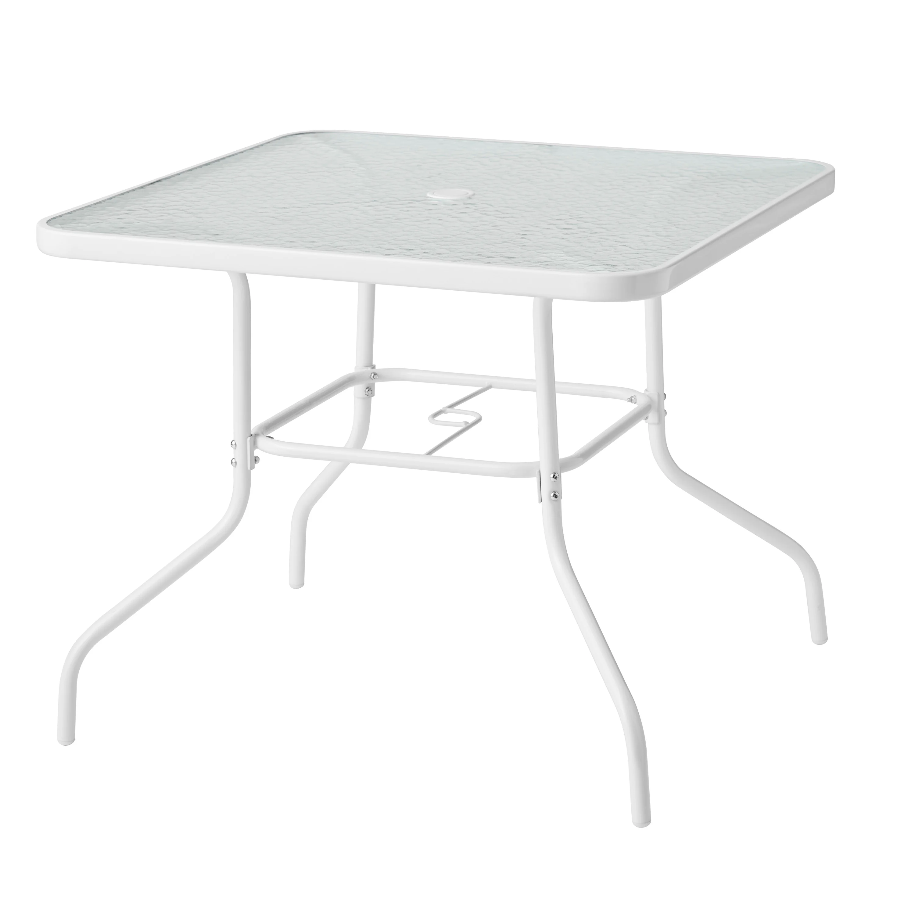 Mainstays Albany Lane 5-teiliges Gartenmöbel-Set (Modelljahr 2025). Weißes Stahlgestell und blauer Stoffbezug.