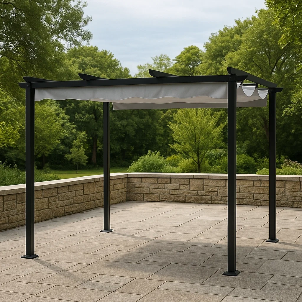 Pergola rectangulaire en métal noir, toit rétractable, installation fixe, 300 x 250 x 260 cm, pour jardin ou terrasse - L7S50nKuXjKO