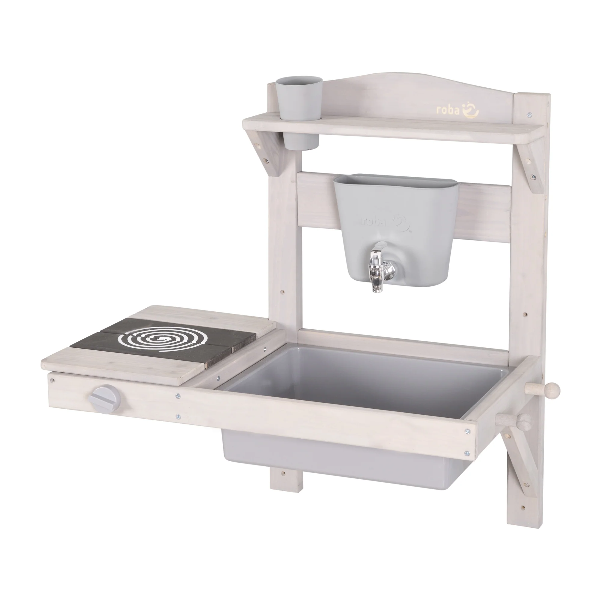 Hängende Spielküche und Tontopf mit Zubehör – FSC-zertifiziertes Holz – gravierte graue Oberfläche