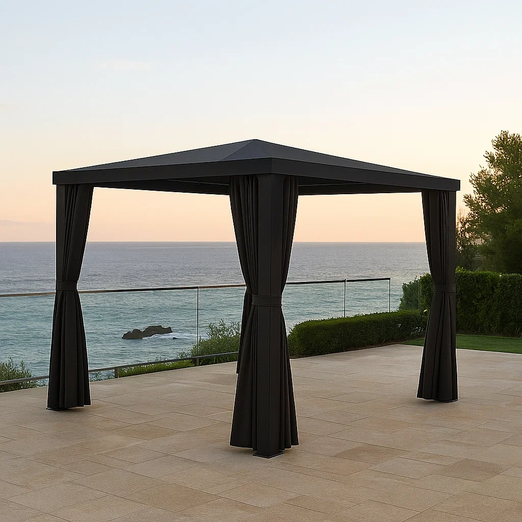 Kiosque et tonnelle carrés en métal noir, à toit en croupe, fixation fixe, 300 x 300 x 270 cm, pour jardin ou terrasse - Yr2Cgs9xza76