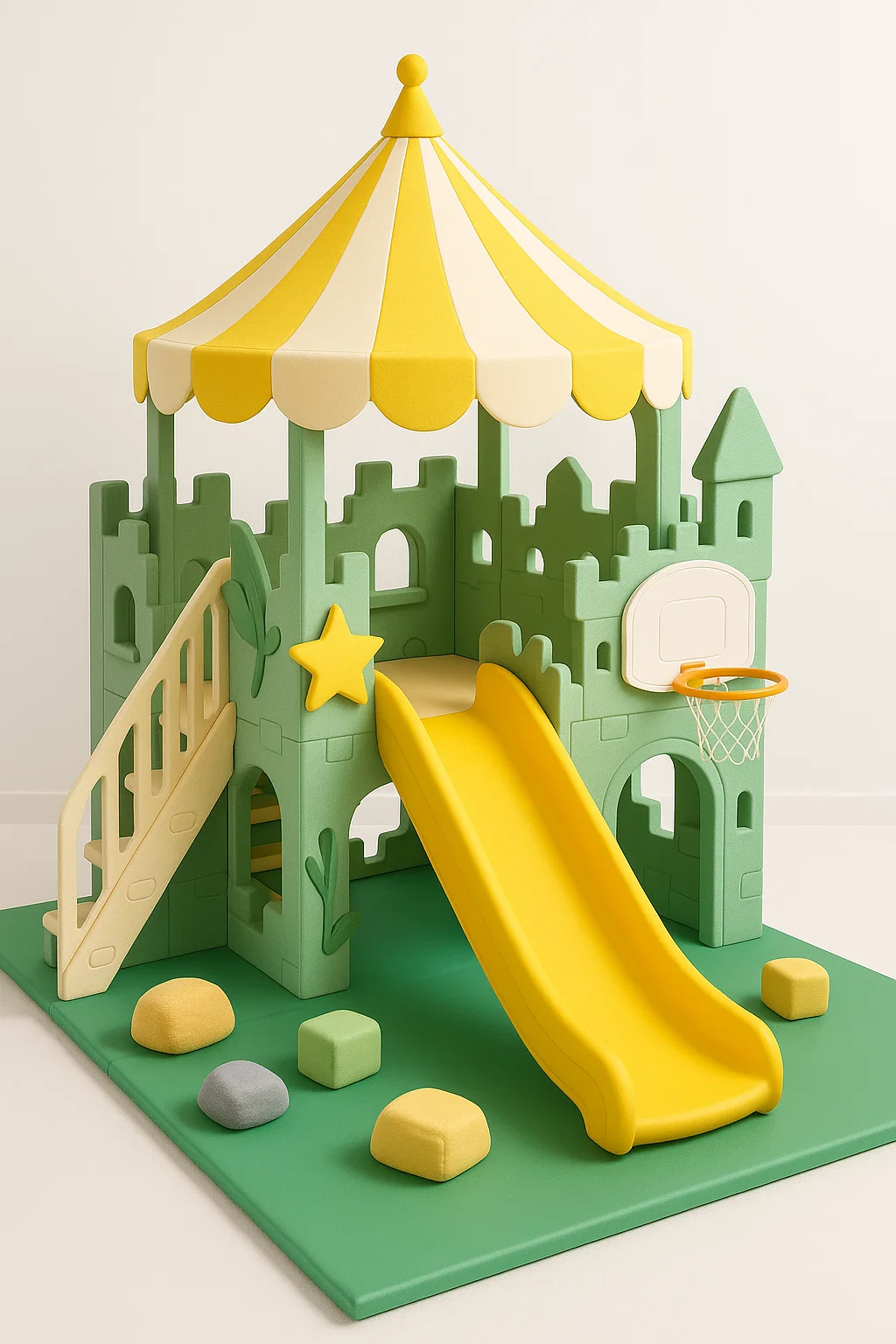 Aire de jeux 3 en 1 - avec toboggan, escalier et panier de basket - Design château avec auvent de cirque - Plastique - Vert et jaune hETlPgjn65cW