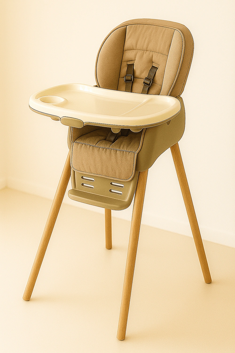 Chaise haute avec tablette amovible, capacité de charge jusqu'à 20 kg, harnais de sécurité 5 points, couleur marron, avec dossier et appui-tête fixes, convient aux enfants de 6 à 36 mois.