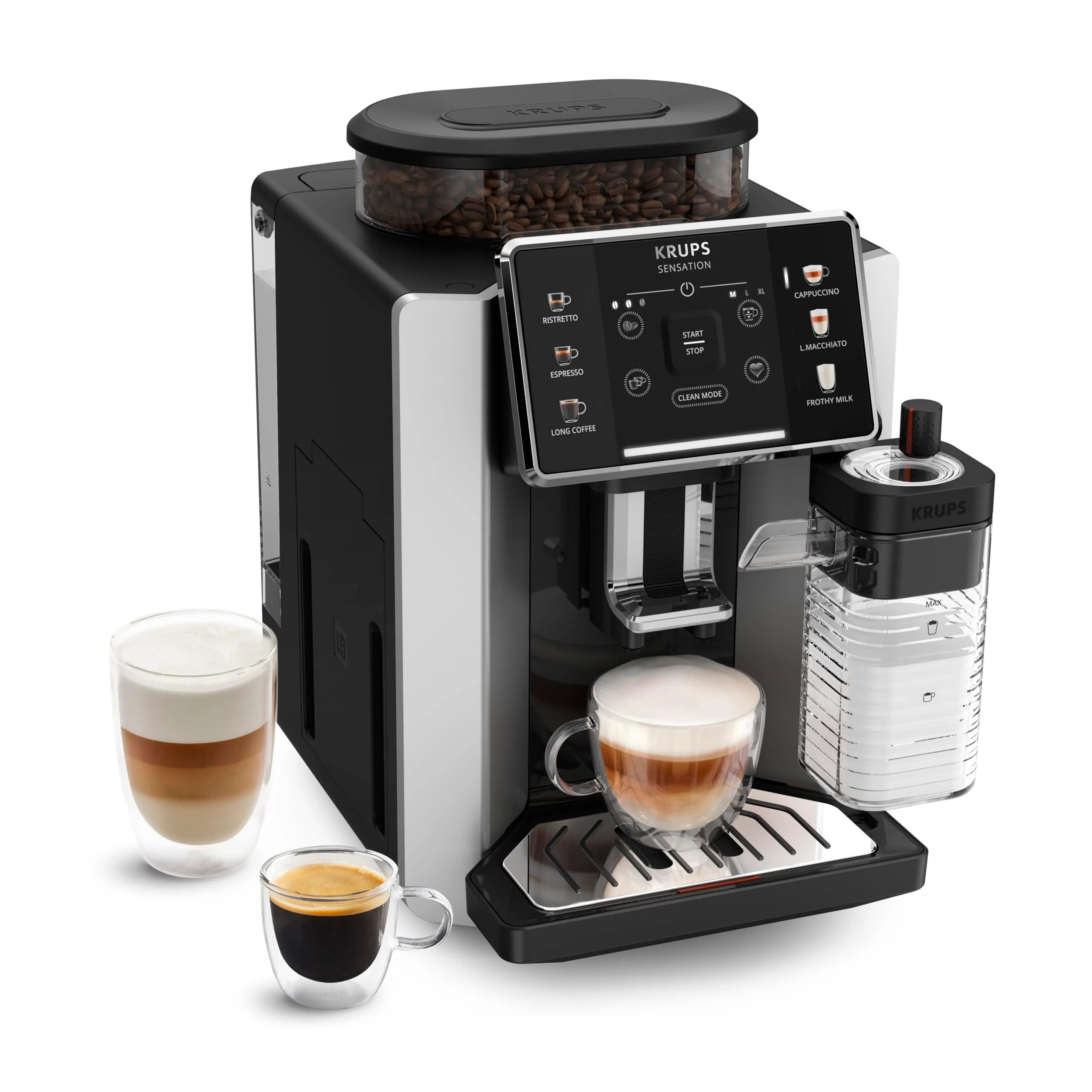 Krups Essential 2025 – Kaffeevollautomat. 15 Bar Druck. Kegelmahlwerk aus Metall. Kaffeemenge und -stärke wählbar. 1,7 l Fassungsvermögen. 1 Tasse. Edelstahl. LCD-Display + Milchfach.