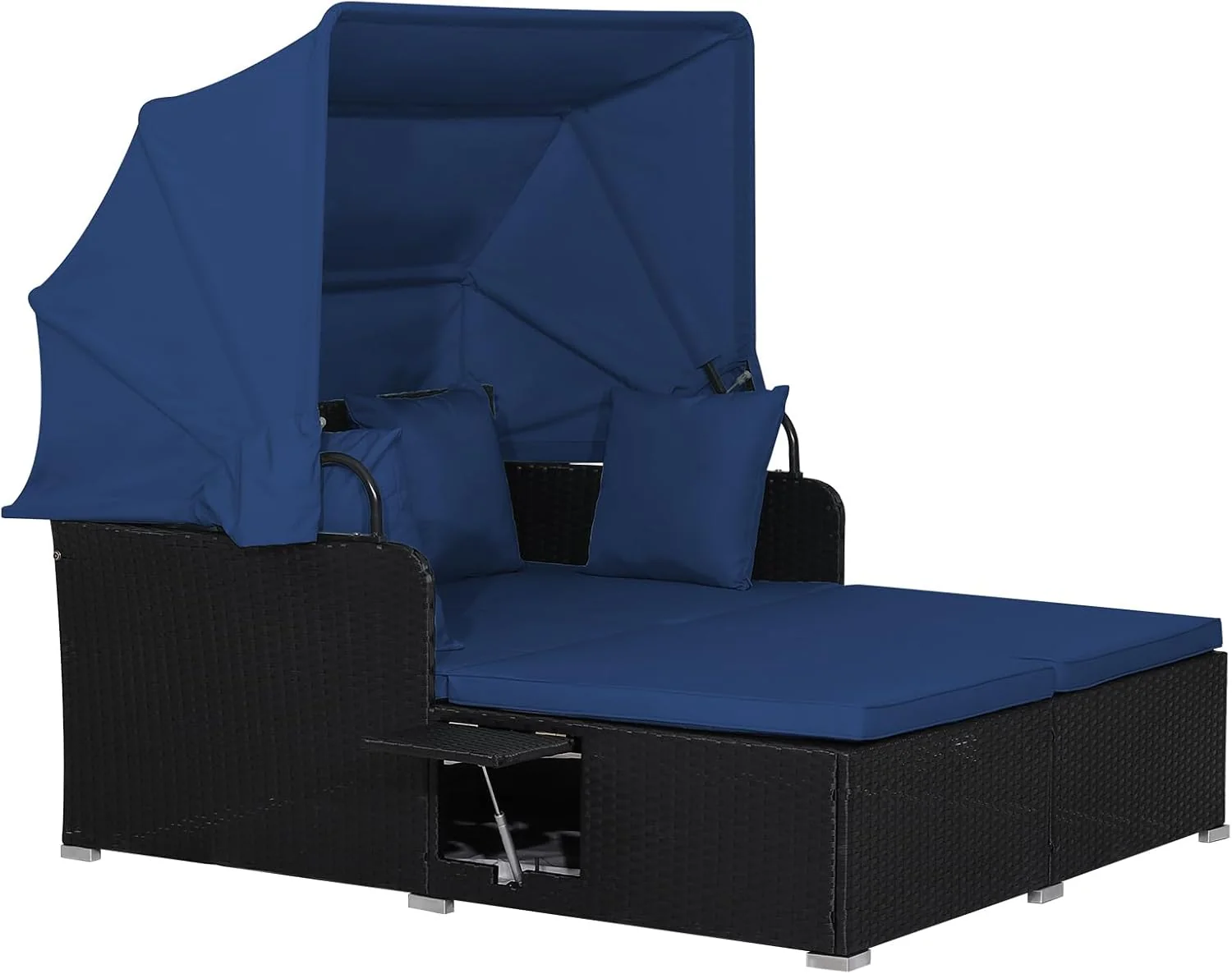 RELAX4LIFE Gartenliege mit Sonnendach. Geflochtene Sonnenliege aus Kunstharz mit Kissen. 4 Kissen und 2 ausziehbare Seitentische. Liege für 2 Personen für Pool, Veranda oder Garten. Rattan-Gartenliege (Türkis).