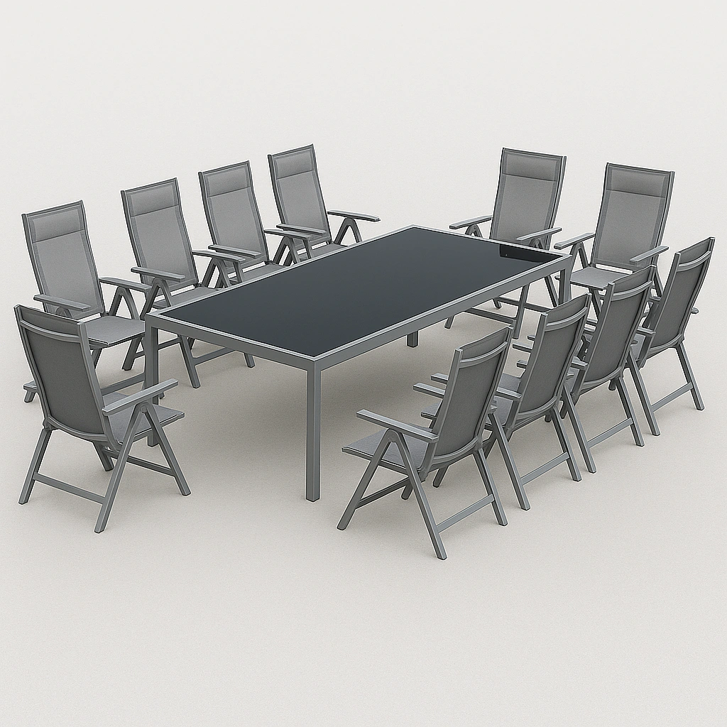 Ensemble de jardin avec table et 10 chaises grises à dossier inclinable