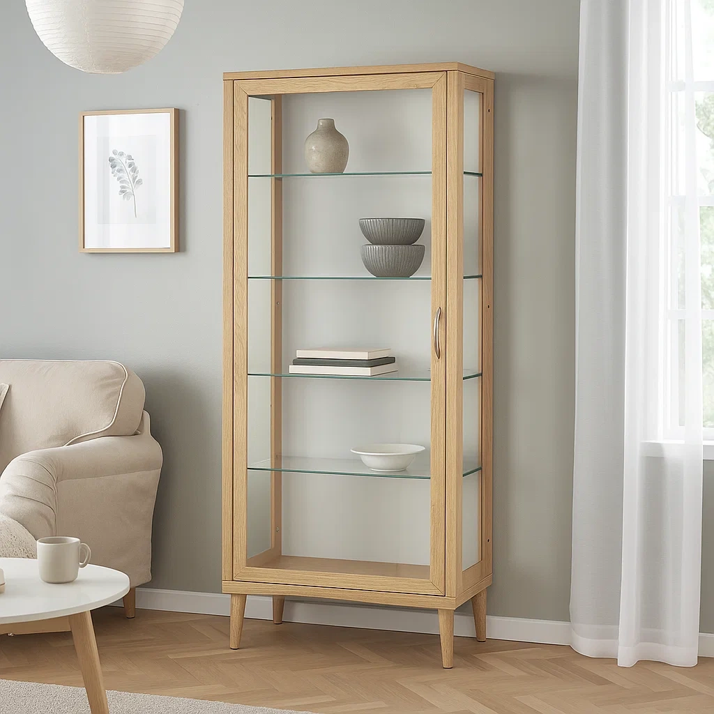 Vitrine à portes vitrées, 5 étagères, bois clair, montage facile, pour salon, 60 x 35 x 150 cm - U0sILJsbBWcu