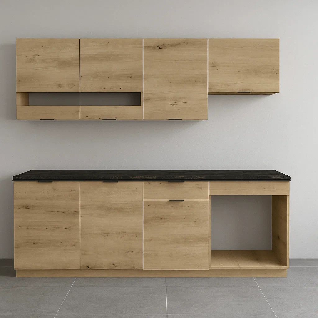 Cuisine complète - Beige et coloris naturel clair - Mélaminé - Intérieur - 200 cm x 60 cm x 82 cm - NdrRmKaDIbyJ