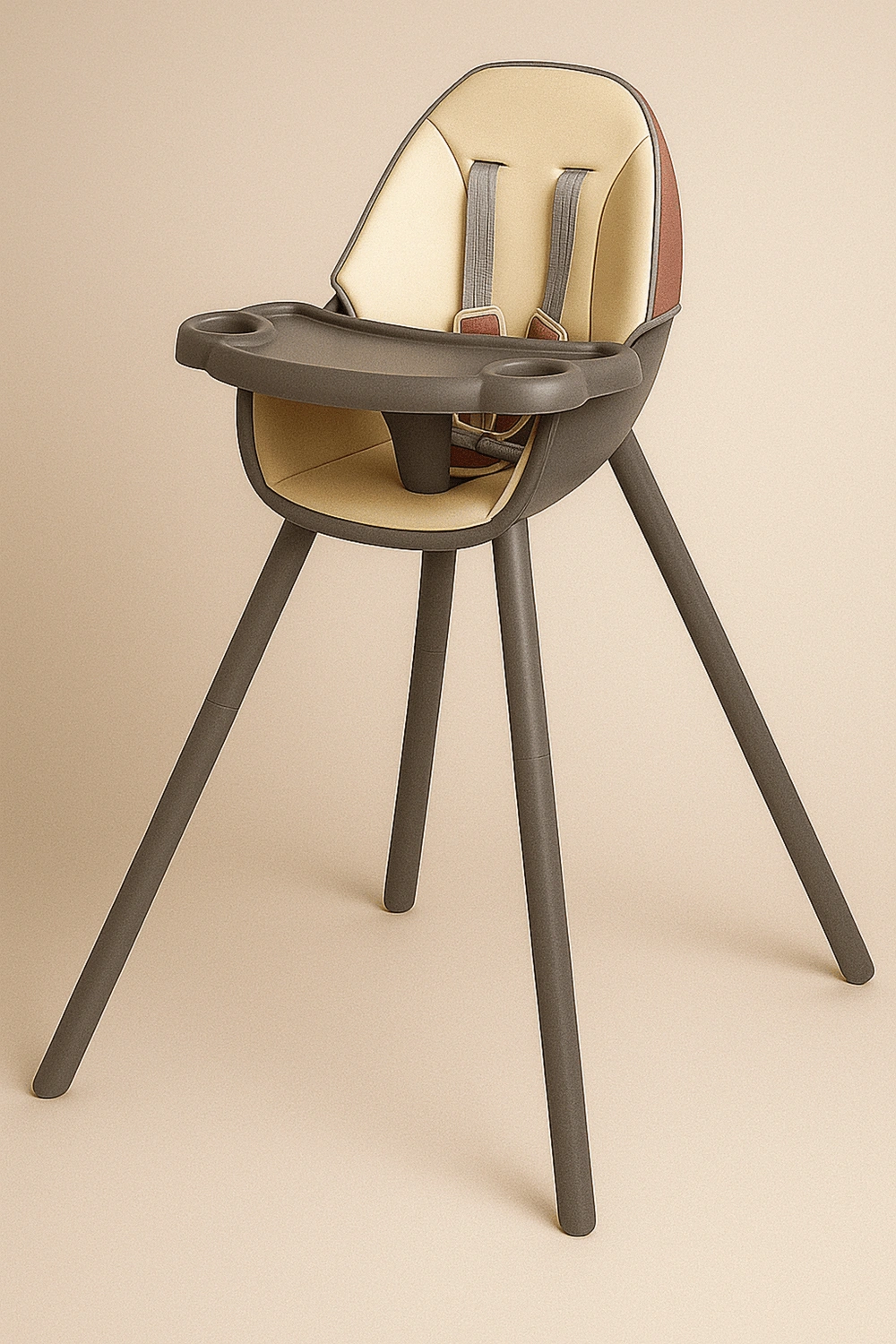 Chaise haute avec tablette amovible et structure stable, jusqu'à 15 kg, harnais de sécurité 5 points, couleur beige-brun, dossier et appui-tête fixes, convient aux enfants de 6 à 36 mois.