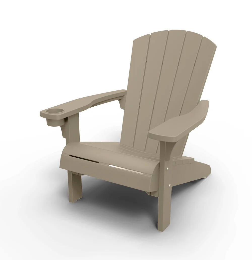 Genießen Sie 2025 den Charme von Holz ohne den Pflegeaufwand mit dem Keter Alpine Adirondack-Stuhl in seinem modernen Farbton Silver Sage.