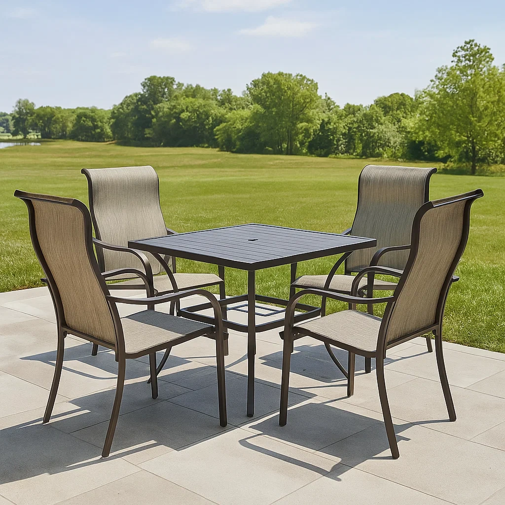 Ensemble de salle à manger d'extérieur, table carrée avec 4 chaises, marron, acier, idéal pour le jardin