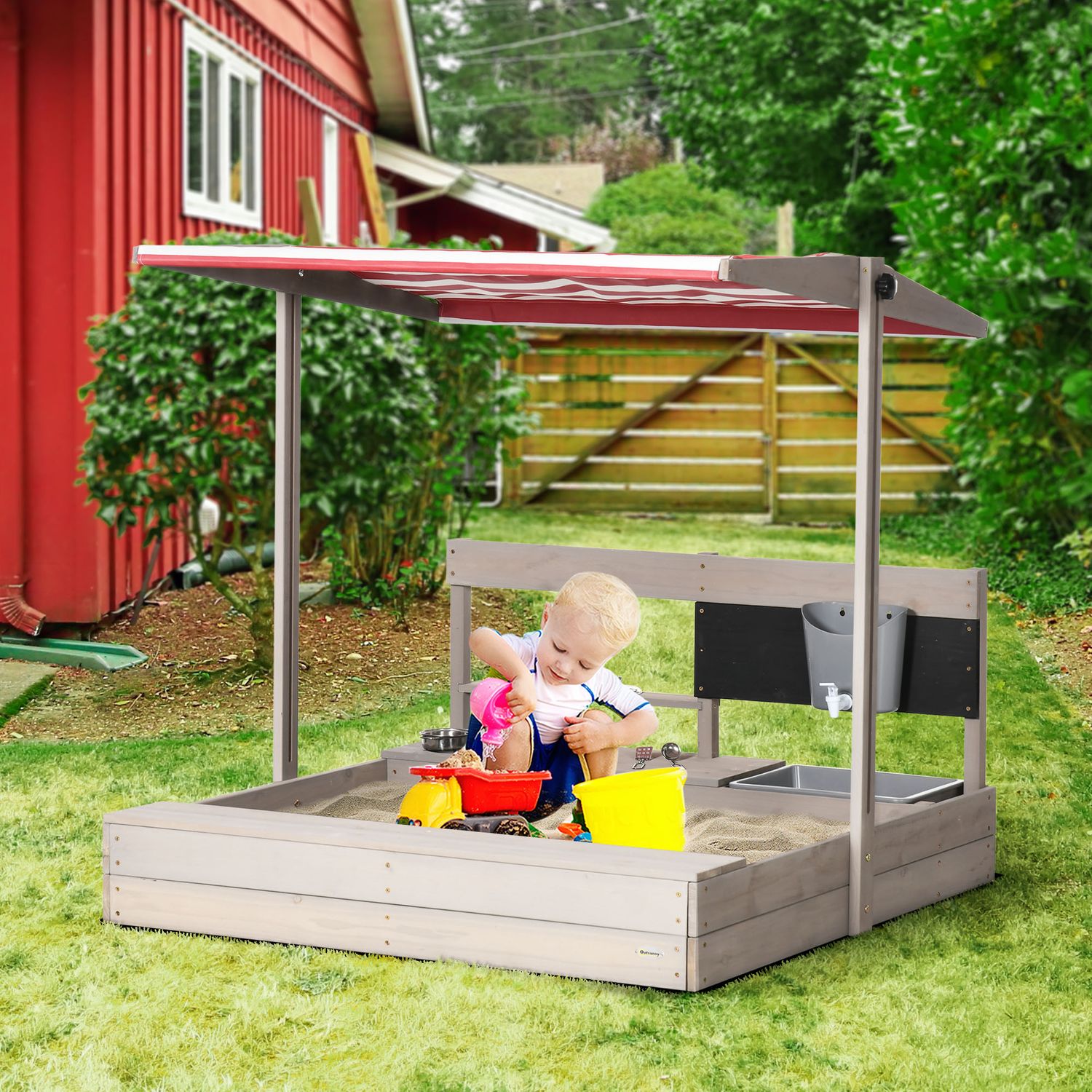 Outsunny Kindersandkasten, Holz und Polyester, 114 x 110 x 110 cm, Grau