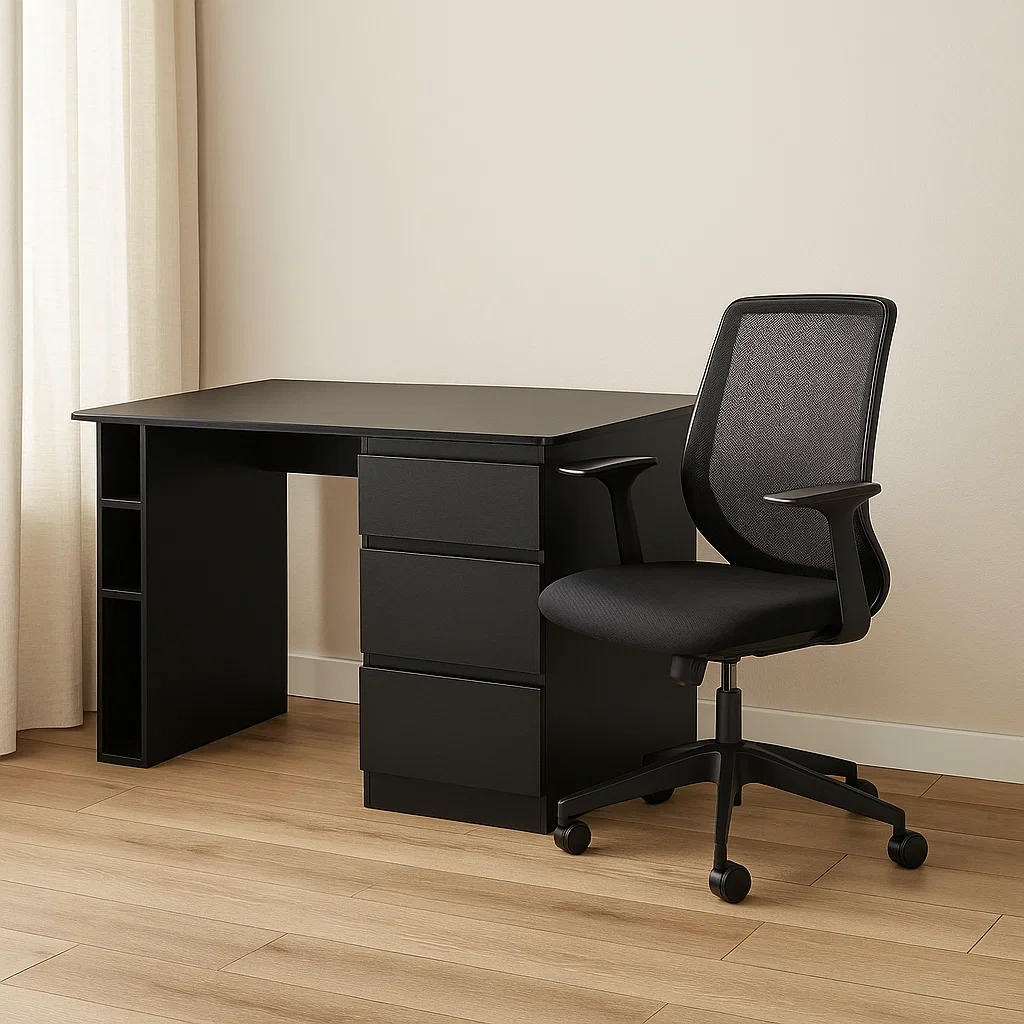 Bureau d'ordinateur en aggloméré noir, avec tiroirs et étagère latérale, structure fixe, 120 x 60 x 75 cm, pour bureau ou espace de travail - ydrdIK2A6H1W