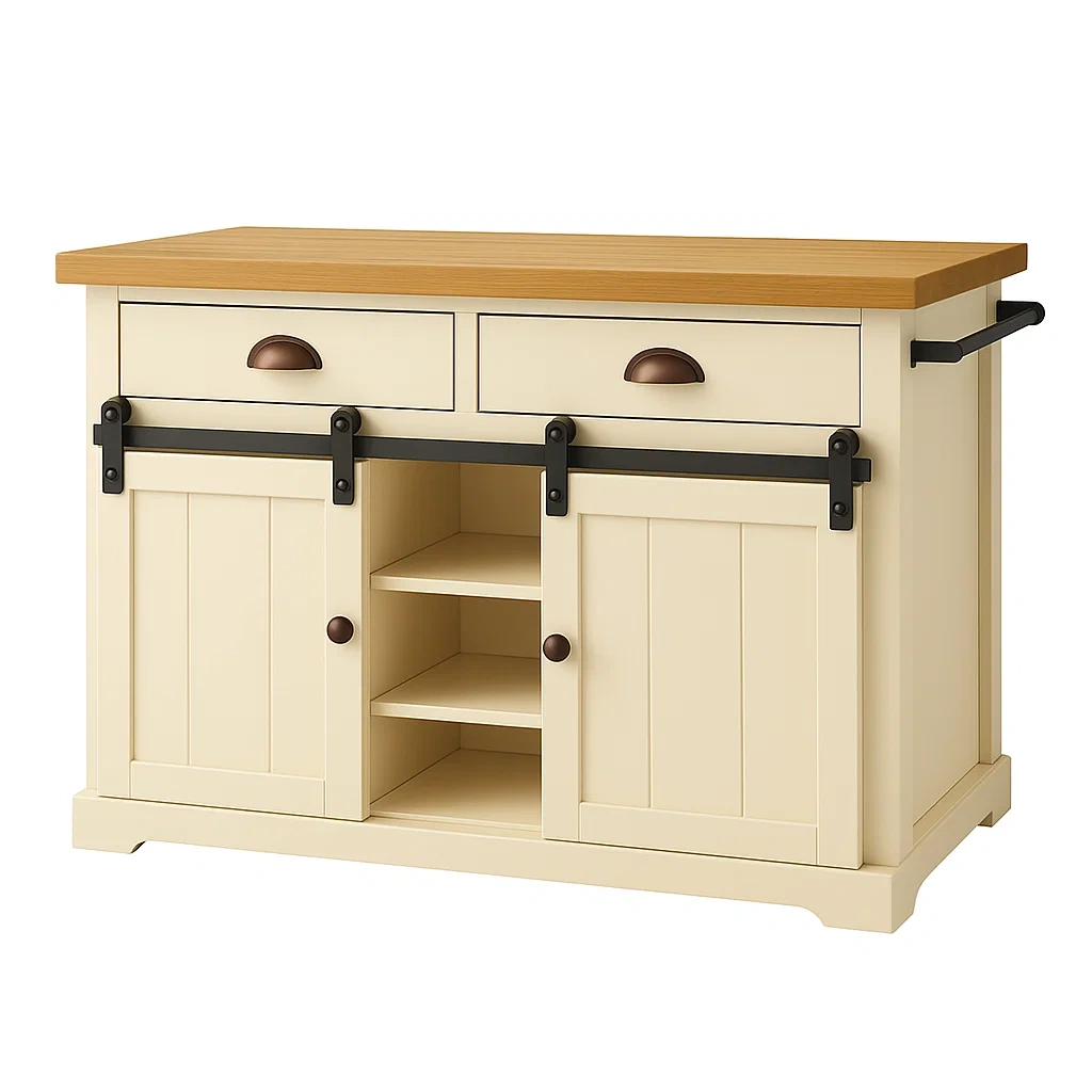 Îlot de cuisine rectangulaire en MDF couleur crème, avec plan de travail en bois, 2 tiroirs, portes coulissantes et étagères centrales. Dimensions : 110 cm de long, 45 cm de large, 90 cm de haut. Idéal pour une cuisine domestique. - pdHLcFwdvYzS