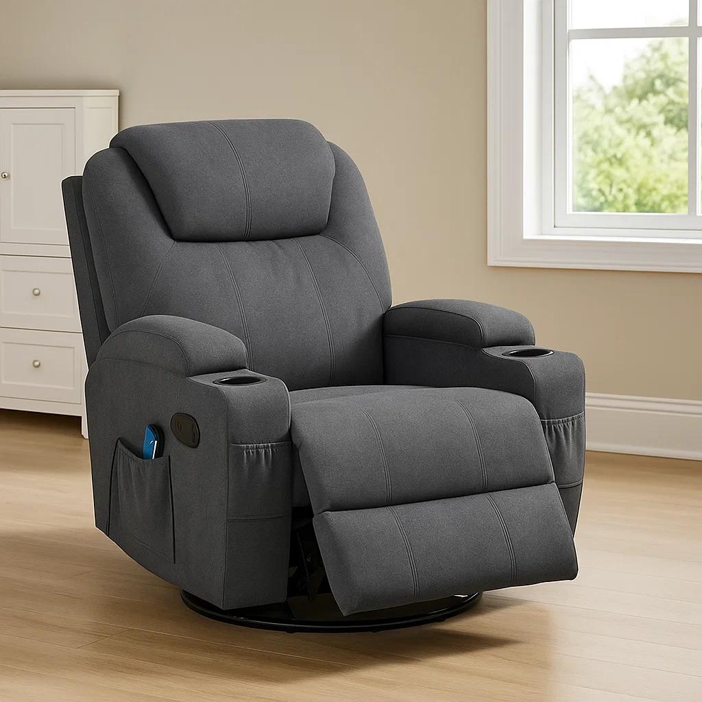 Transat gris en tissu et bois pour salon, 95 x 95 x 104 cm