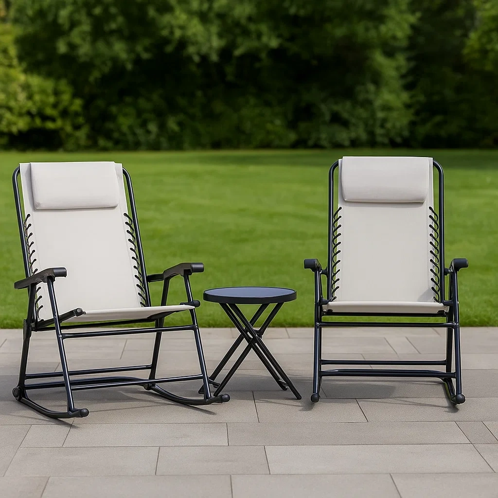 Ensemble de jardin avec 2 fauteuils à bascule et une table d'appoint, noir, acier et tissu.