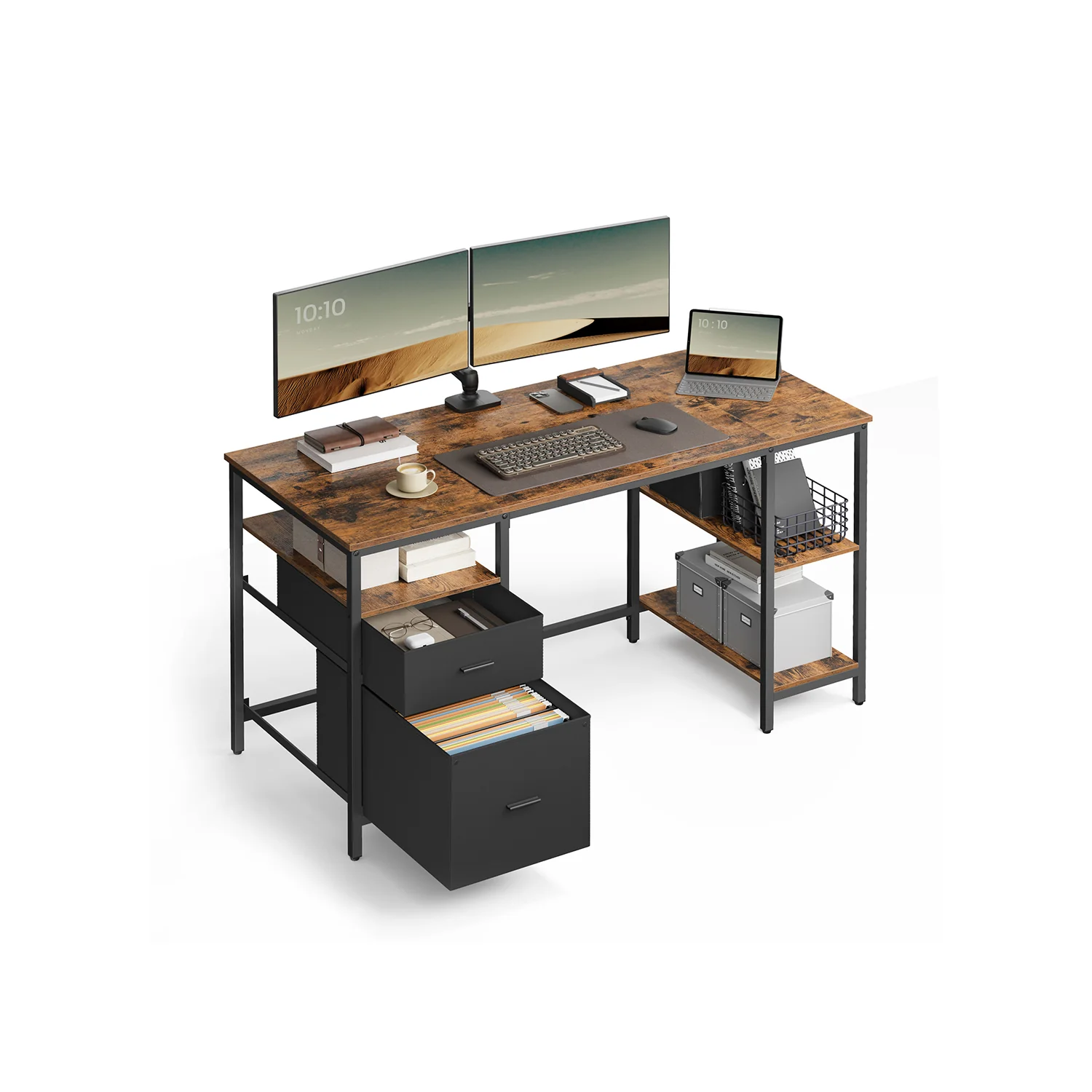 Schreibtisch mit 3 Regalböden und 2 Schubladen