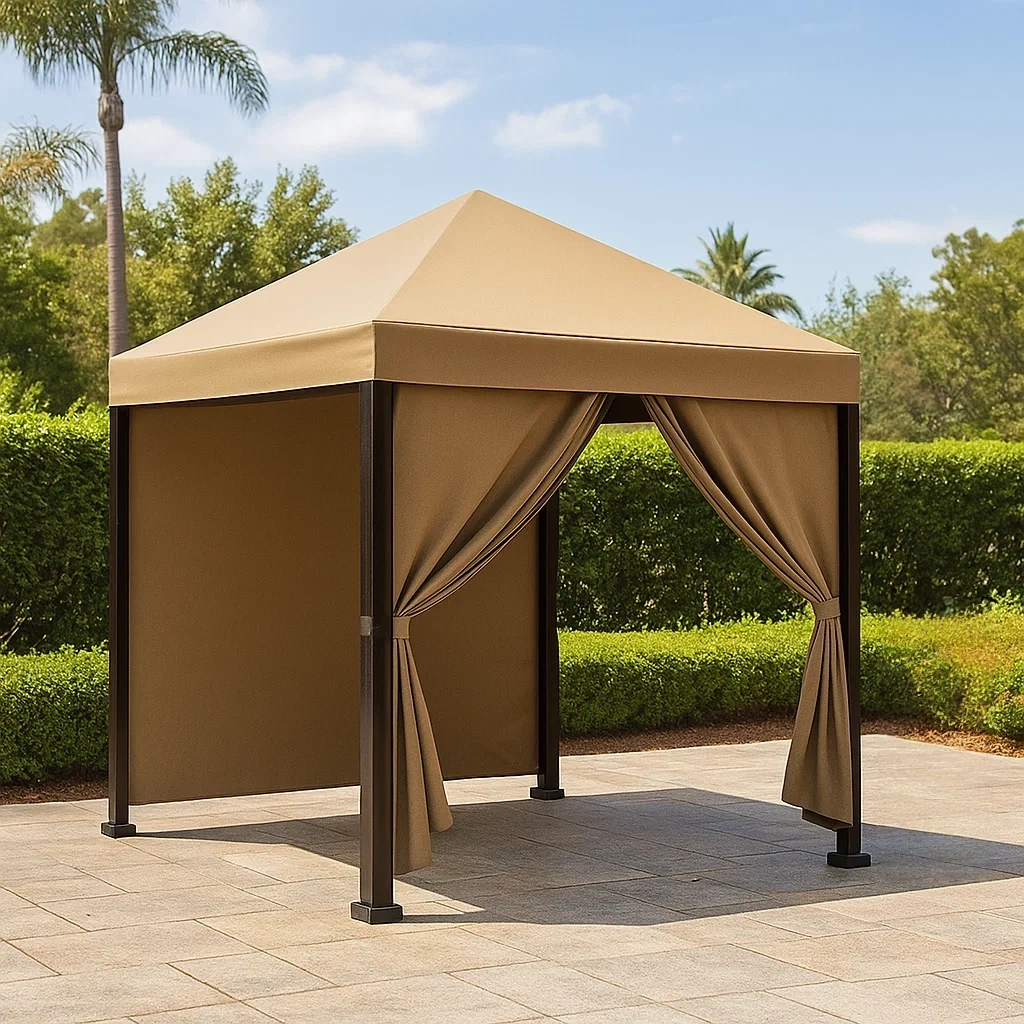 Kiosque carré en métal avec structure marron et toit en tissu beige, autoportant, 300 x 300 x 250 cm, pour jardin ou terrasse. - zaReSRIwwVhF