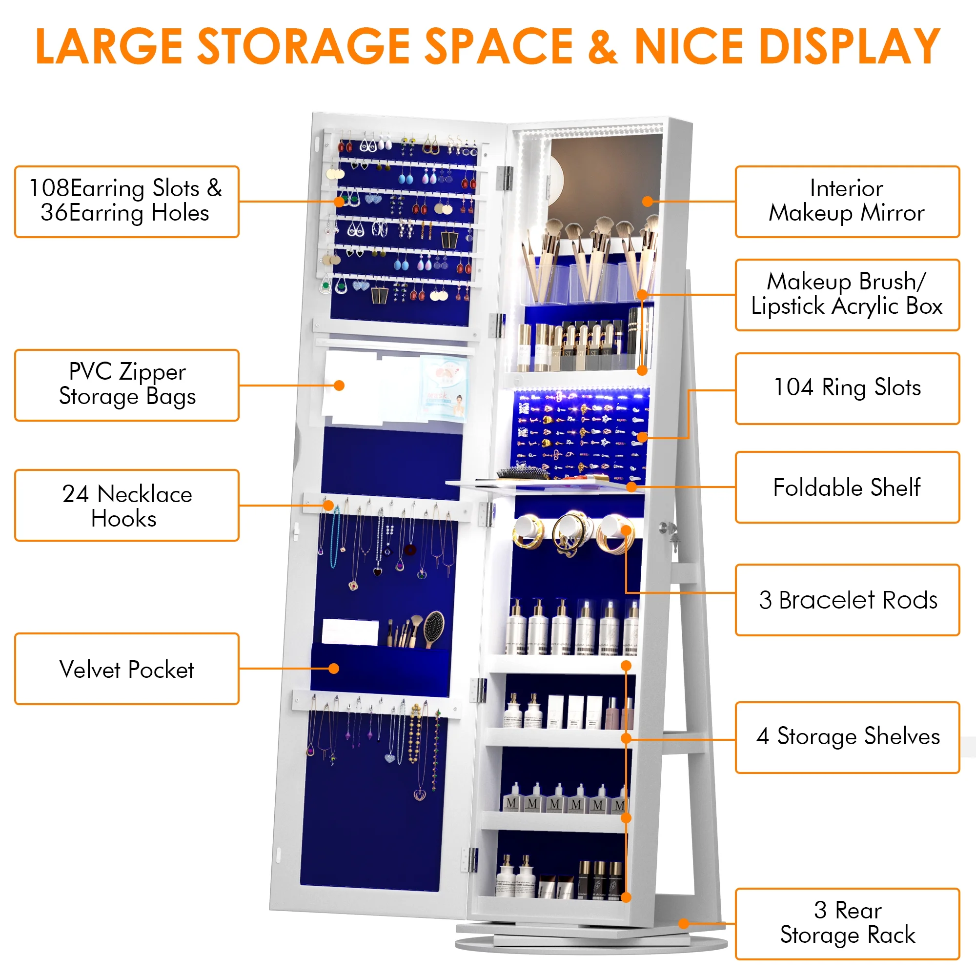 LVSOMT Drehbarer Schmuckkasten mit LED-Beleuchtung und Ganzkörperspiegel: Stilvolle 360°-Aufbewahrung