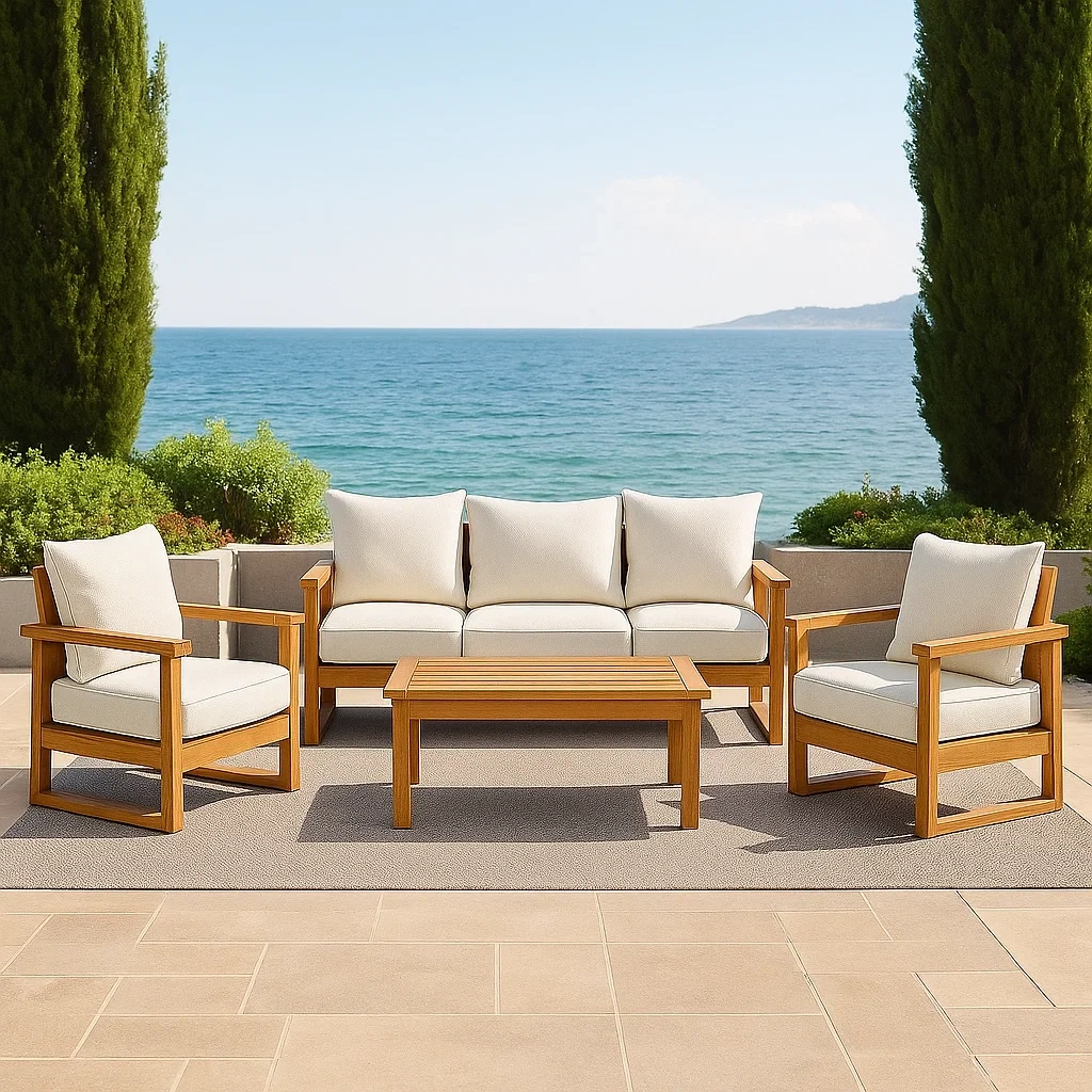 Ensemble de salon de jardin 5 pièces en teck naturel avec canapé 3 places, 2 fauteuils et table basse, coussins blancs, montage fixe. Dimensions : canapé 190 x 80 x 70 cm, fauteuils 80 x 80 x 70 cm, table 100 x 60 x 45 cm.