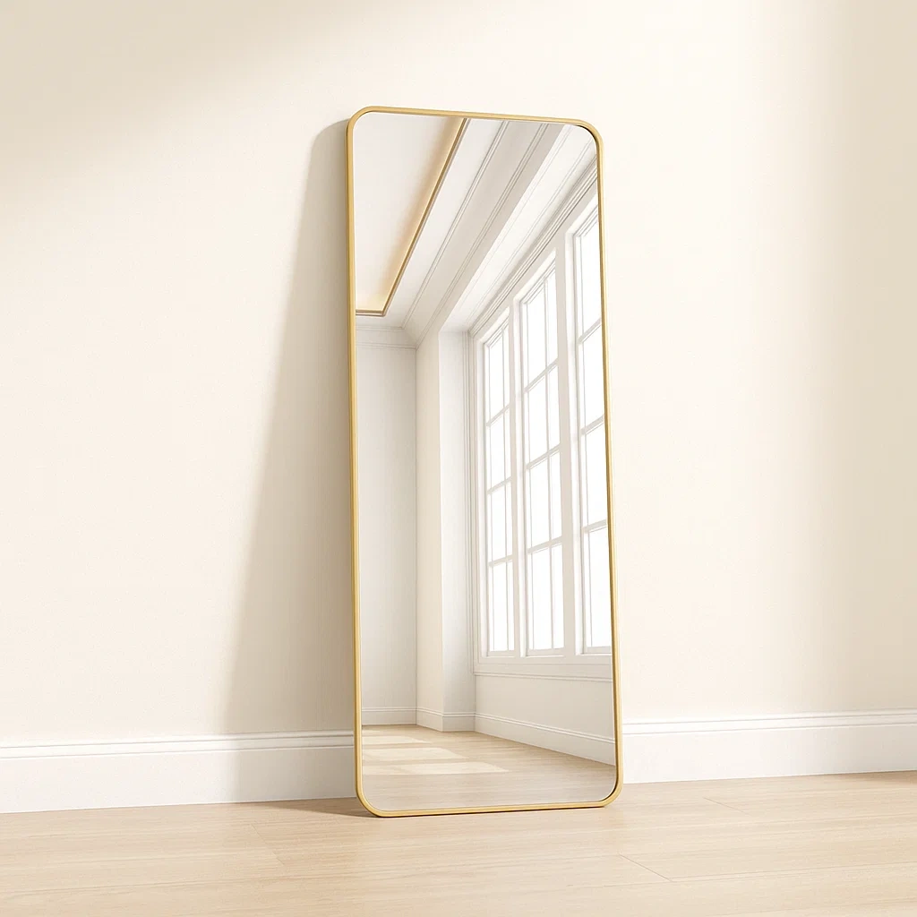 Miroir sur pied, doré, en métal et verre, idéal pour le salon, 53 x 2 x 163 cm