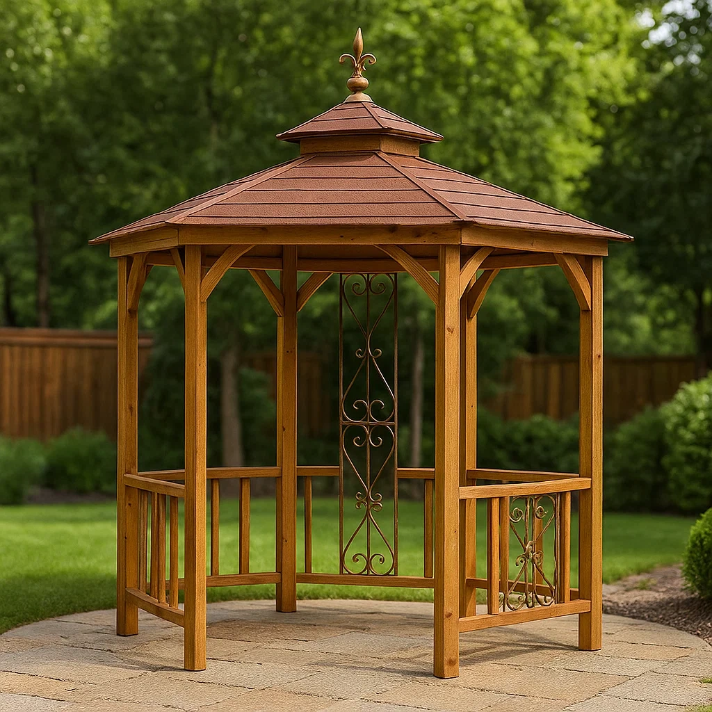 Pergola hexagonale en bois massif, couleur brun rougeâtre, toit à double niveau, autoportante, 250 x 250 x 290 cm, pour jardin ou terrasse - 8j0WOR9GuLXe