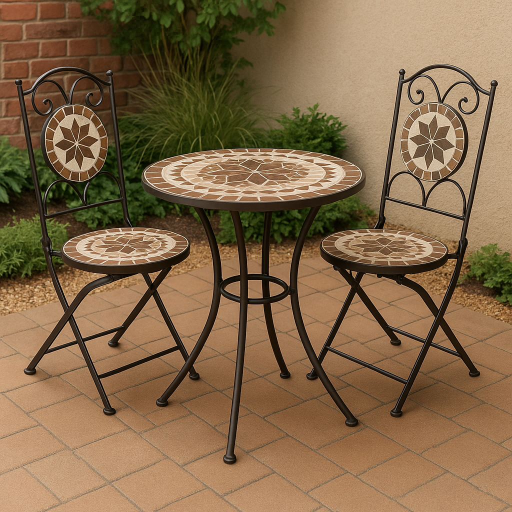 Ensemble de jardin extérieur en céramique marron/beige et acier avec table et chaises.