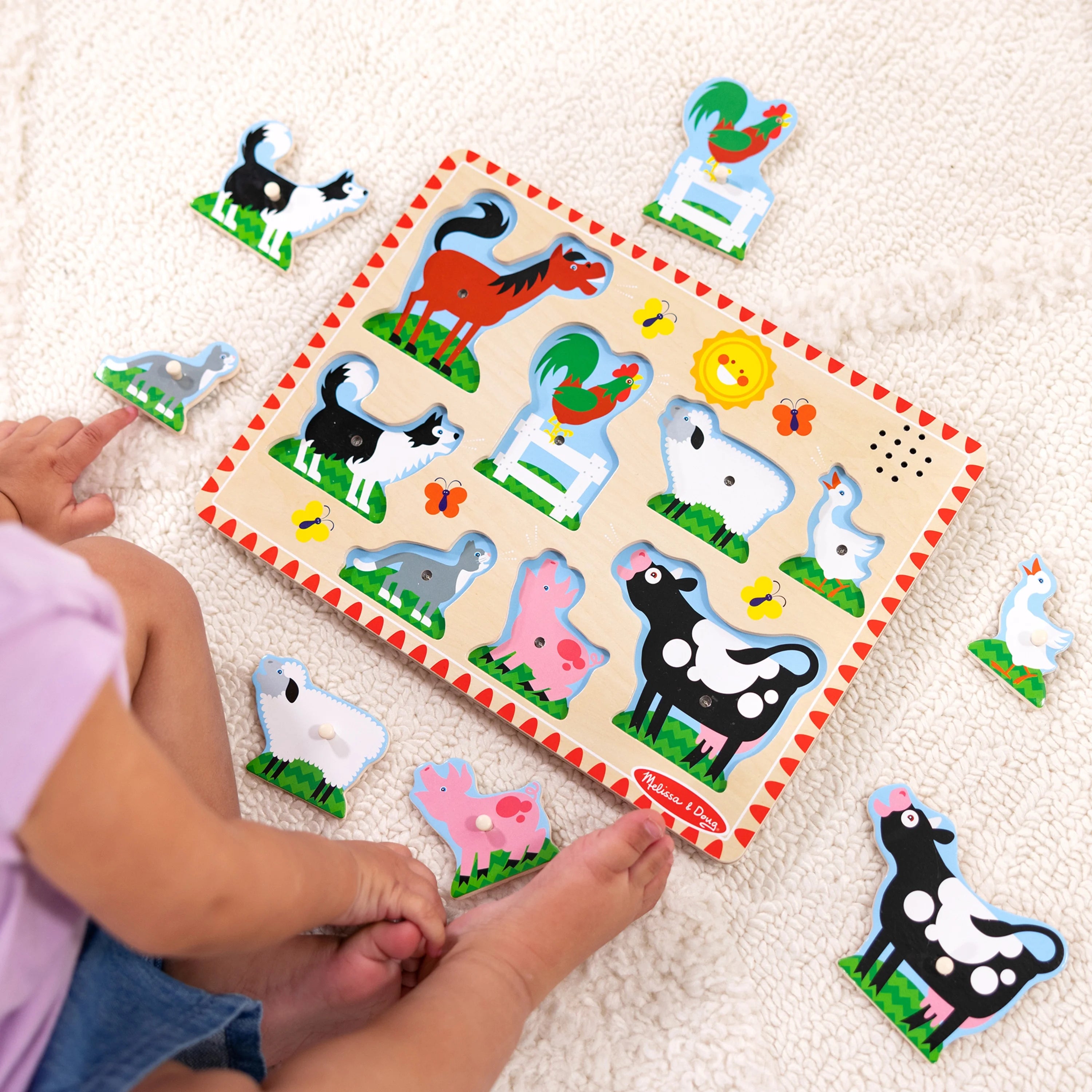 Melissa & Doug Bauernhof-Tiergeräuschpuzzle – Holzpuzzle mit Steckverbindungen und Soundeffekten (8 Teile)