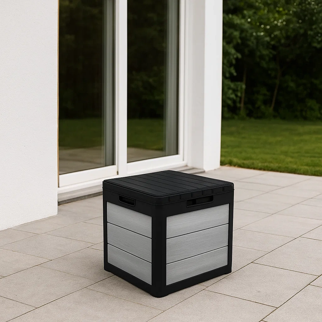 Coffre de jardin noir, structure en résine, pour usage extérieur, 52 x 52 x 52 cm