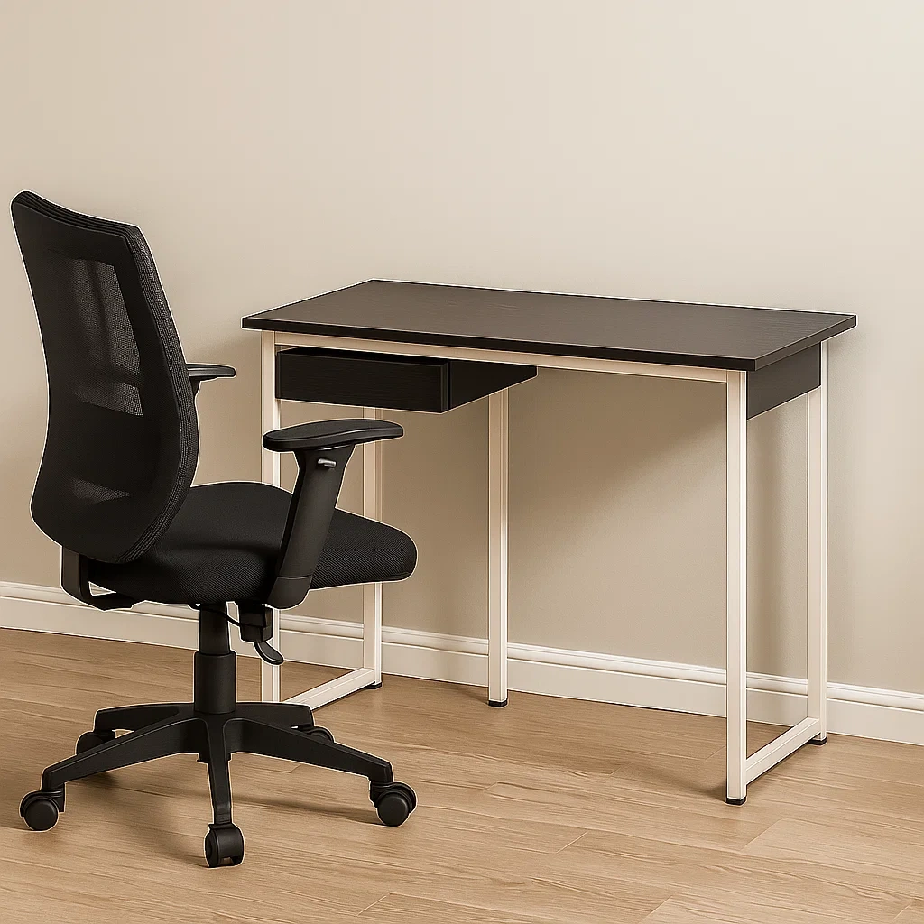 Bureau d'ordinateur en métal et mélaminé, noir et blanc, avec tiroir et chaise pivotante, 130 x 50 x 75 cm, pour le bureau et la maison - MED1oIdNePNx