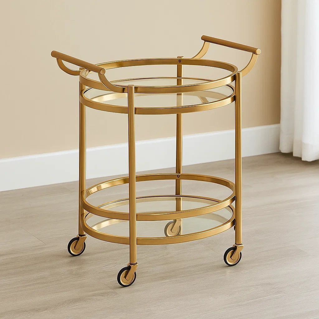 Chariot de bar, doré, en métal et verre, adapté à un usage intérieur, diamètre 50 x hauteur 74 cm