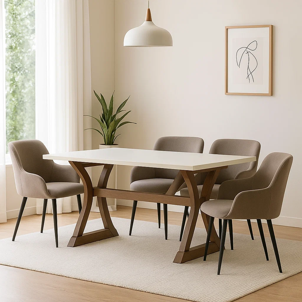 Ensemble repas 4 places, bois et tissu, beige, rectangulaire, avec table et chaises. Dimensions de la table : 120 x 80 x 75 cm ; dimensions des chaises : 55 x 55 x 83 cm. Idéal pour salle à manger ou cuisine. - j0YT9DxGzujz