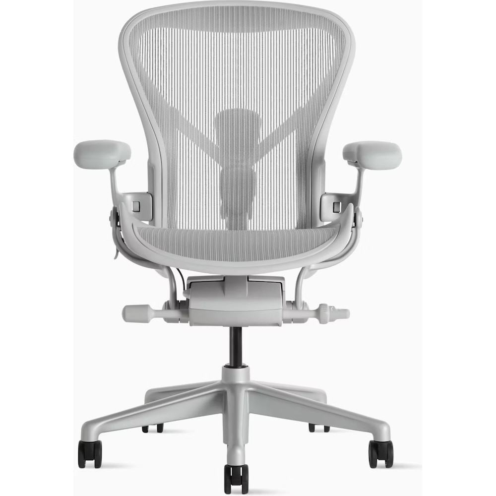 Herman Miller Aeron Remastered Bürostuhl (Modelljahr 2025), Größe C, Farbe Mineral. Vollständig verstellbar. Rollen für Hartböden.
