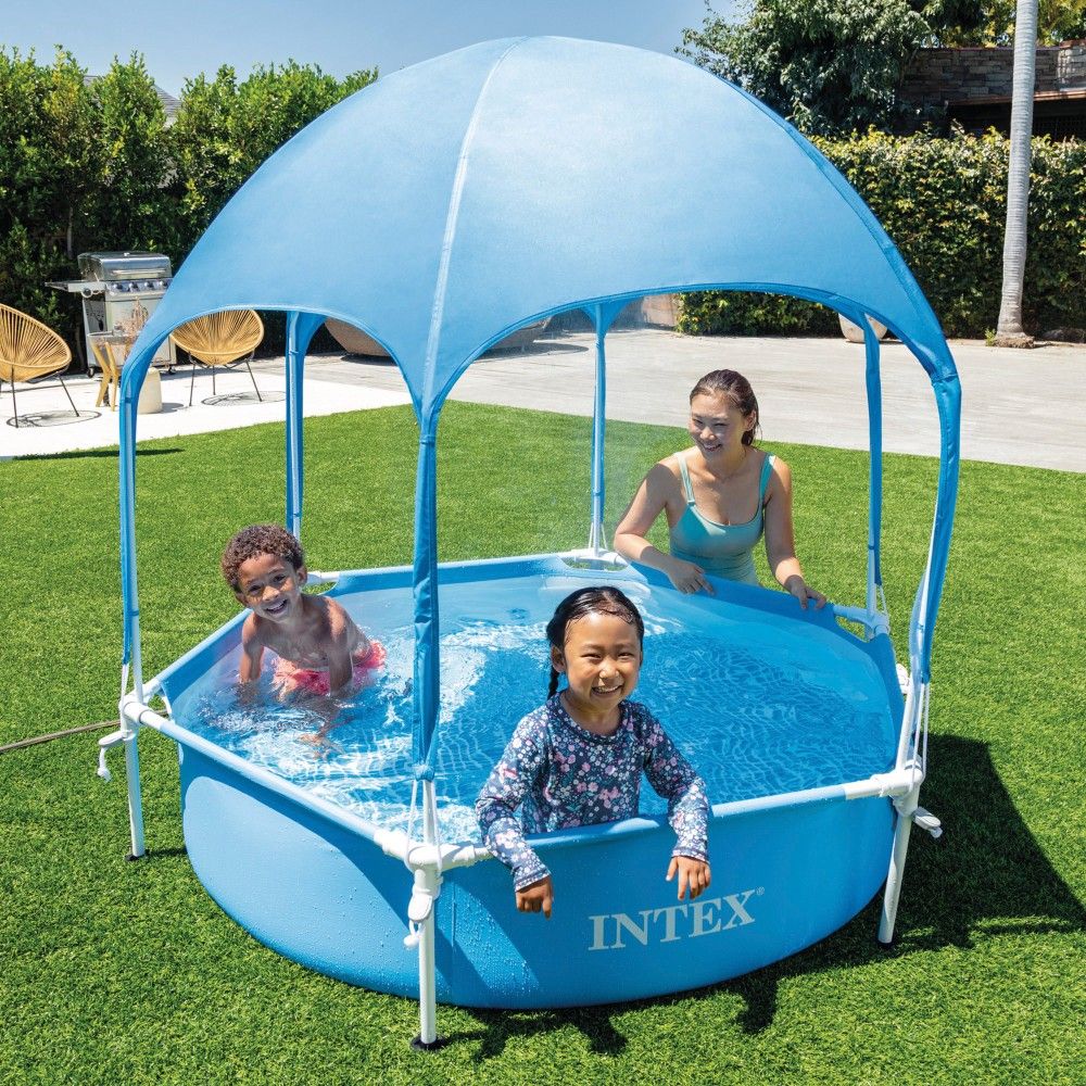 Intex Sechseckiger, rohrförmiger PVC-Aufstellpool Ø183x38 cm Blau mit Überdachung