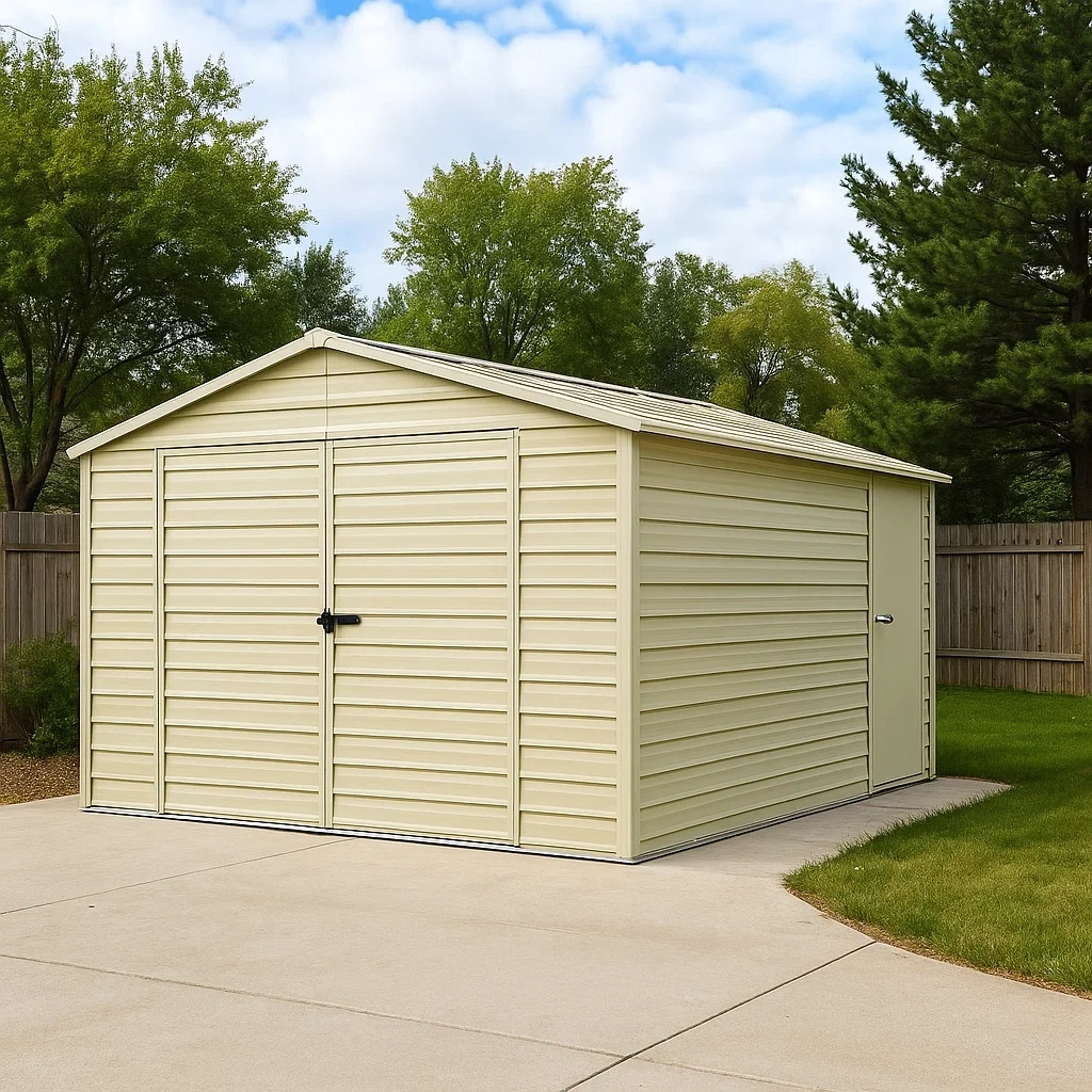 Garage métallique à toit monopente et double porte, couleur beige, dimensions 600 x 600 x 250 cm pour le rangement extérieur - xp1Xh94ufljW