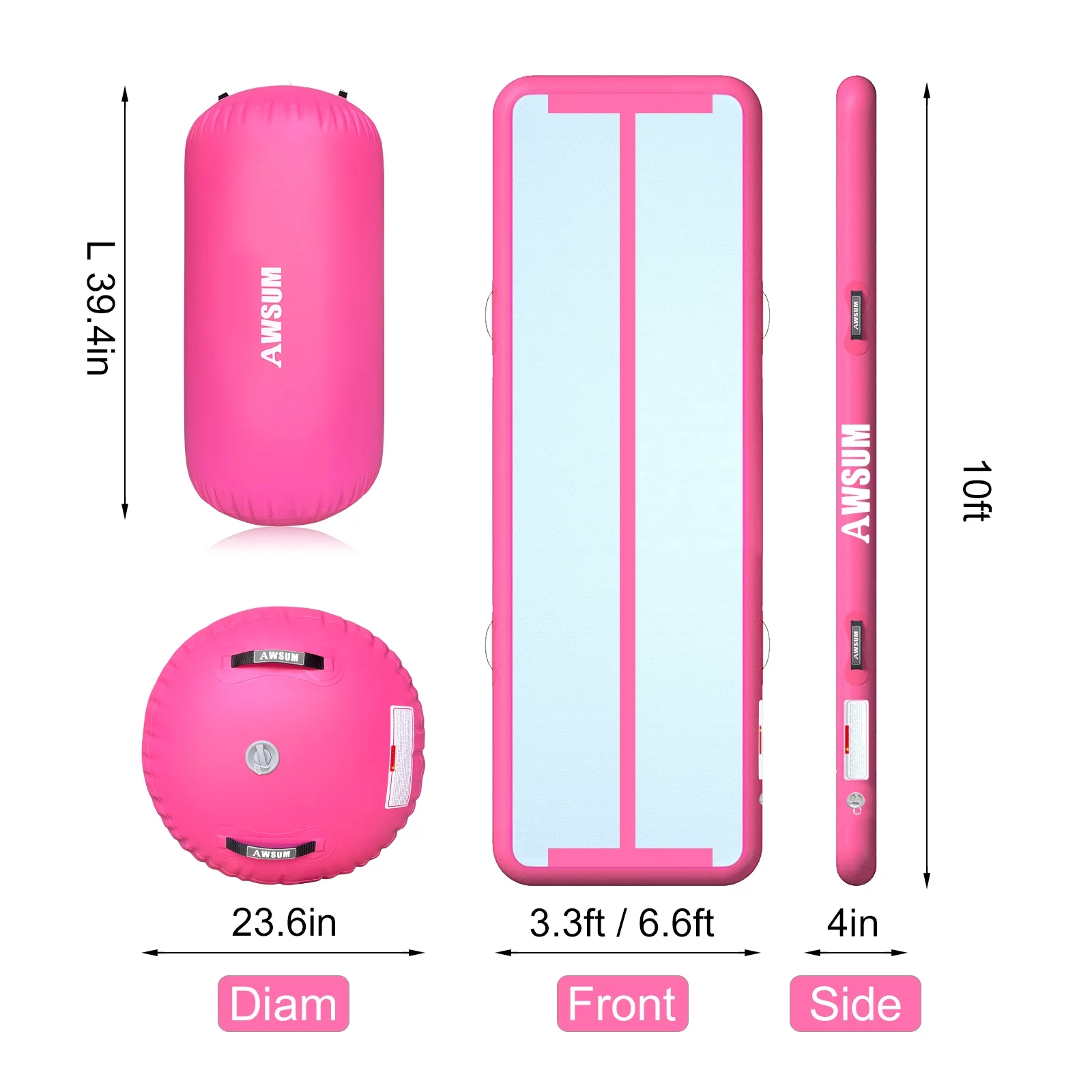 AWSUM aufblasbare Gymnastikmatte 2025 – Erhältlich in den Längen 3, 4 oder 5 Meter und 10 cm Dicke. Stuntbahn mit aufblasbarer Rolle und elektrischer Pumpe für Zuhause oder die Turnhalle.