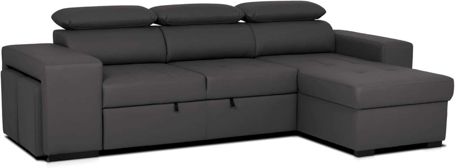 BUDWING John 4-Sitzer Ecksofa mit Schlaffunktion – Wendbare Chaiselongue, verstellbare Kopfstütze und 2 Hocker – Polyurethanbezug – Modernes Design – 263 x 161 x 96 cm – Schwarz