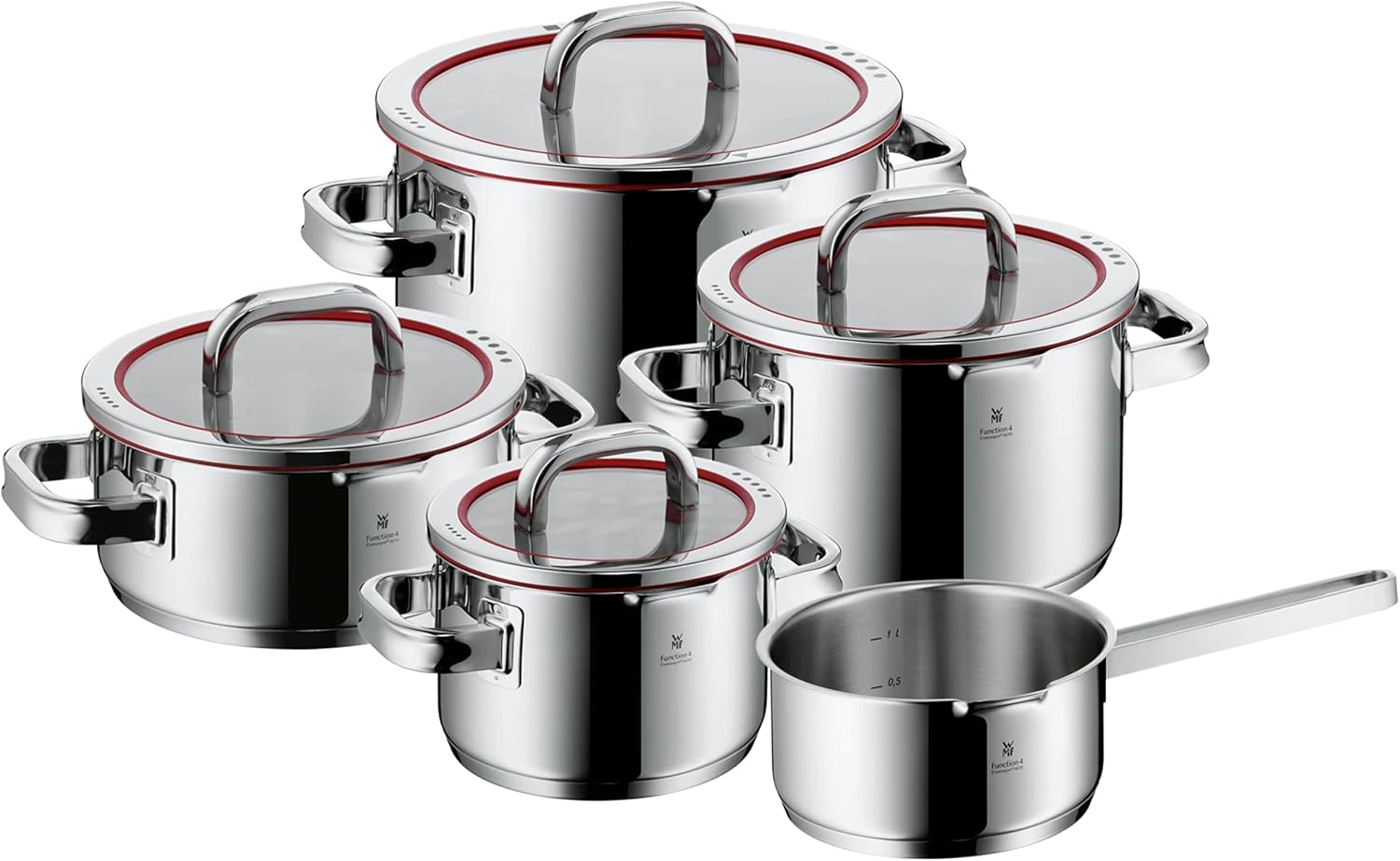 WMF Function 4-5-teiliges Kochgeschirr-Set, Edelstahl, induktionsgeeignet, 1 niedriger Topf (20 cm), 3 hohe Töpfe (16 cm, 20 cm und 24 cm) mit Deckel, 1 Topf (16 cm)