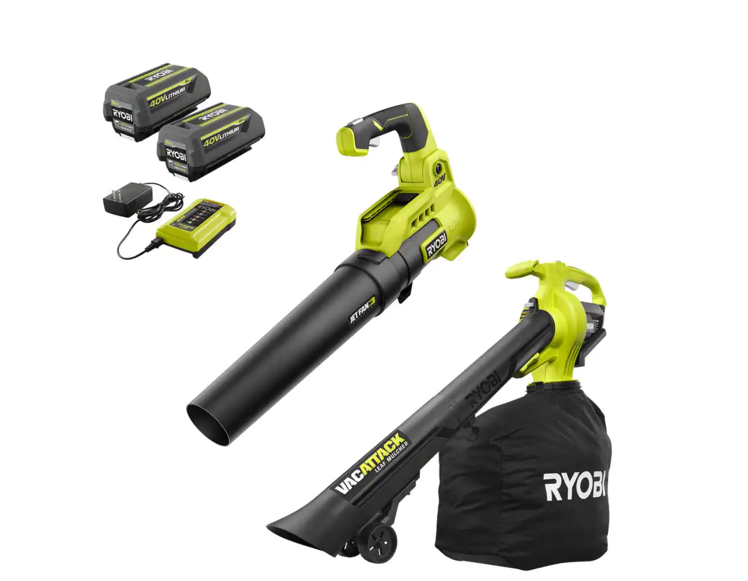 RYOBI RY40451BL Akku-Laubbläser und -Sauger, Baujahr 2025, 40 V, 177 km/h, 148 m³/h Luftdurchsatz, inklusive 2 Akkus und 2 Ladegeräten