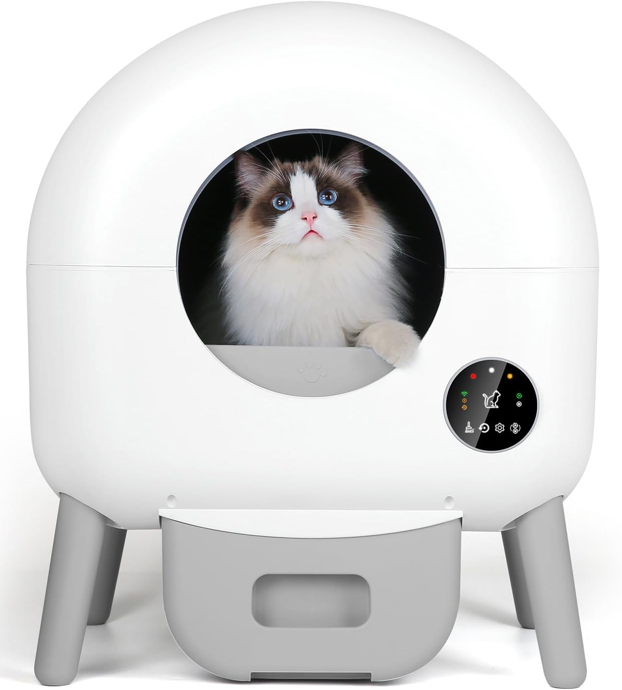 2025 Selbstreinigende Katzentoilette – 110 l, automatisch. Kompatibel mit allen Katzenstreuarten. Inklusive einer Rolle Streubeutel und einer Streumatte. App-gesteuert. Groß, Grau.