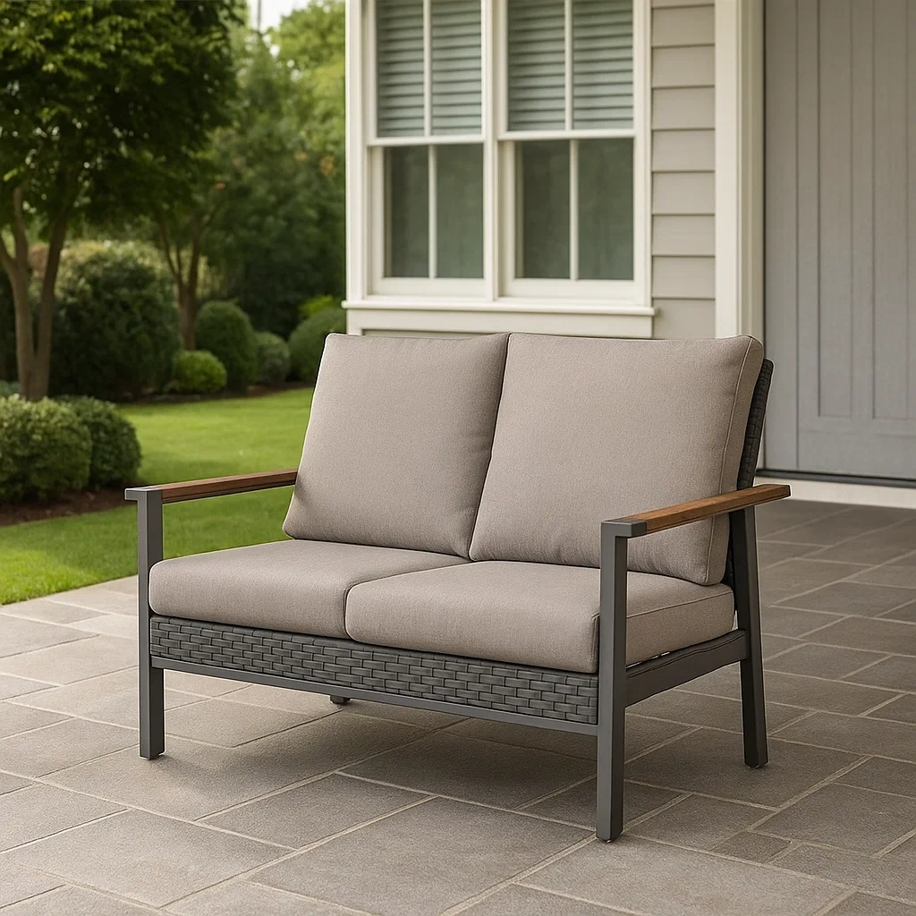 Canapé d'extérieur double, gris clair, structure en acier avec détails en bois, jardin, 134 x 86 x 91 cm